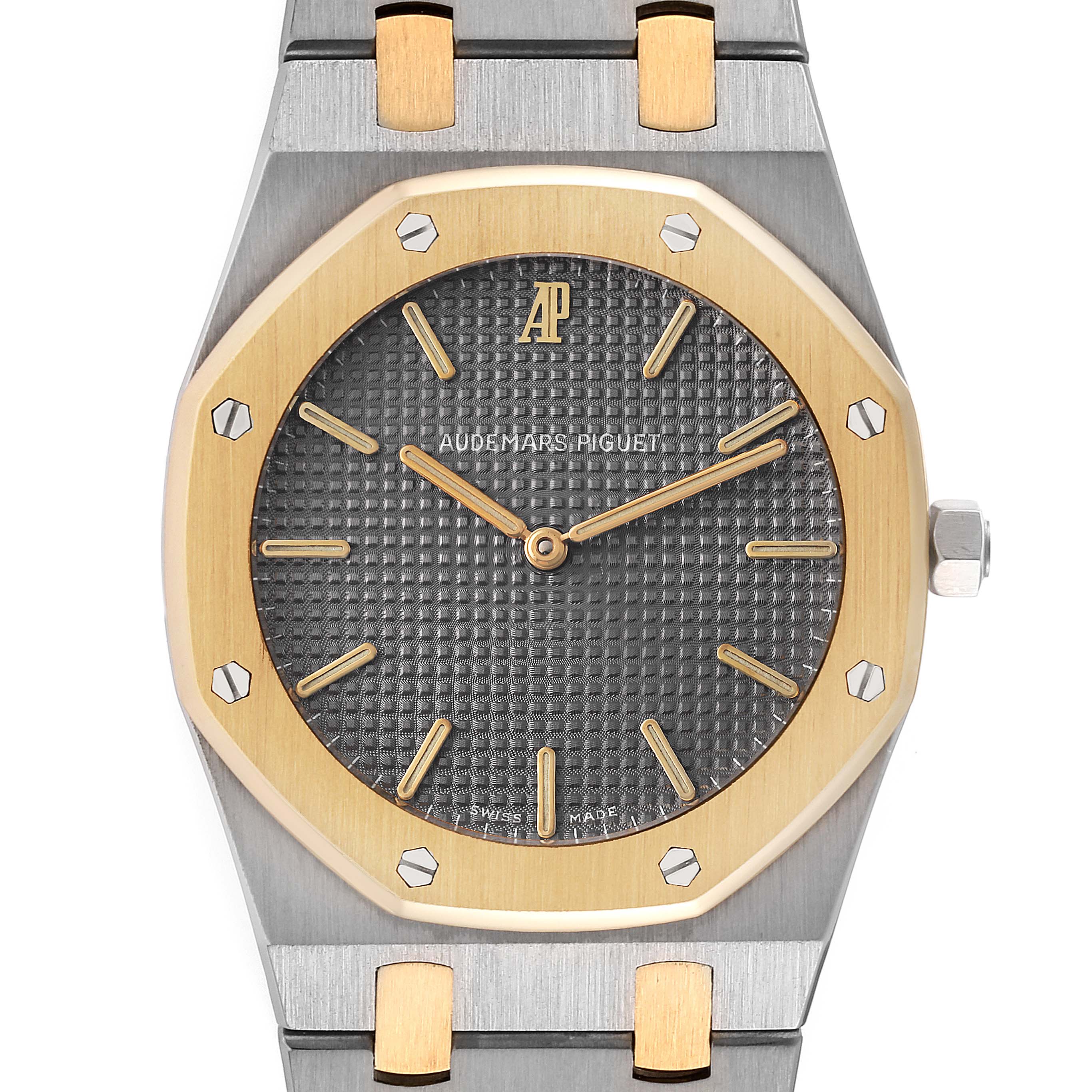 The image shows a close-up, front view of an Audemars Piguet Royal Oak 56303SA Men
s Steel and Gold (two tone) Grey Dial 56303SA Men
s Steel and Gold (two tone) Grey Dial watch, highlighting the octagonal bezel, dial, and part of the bracelet.