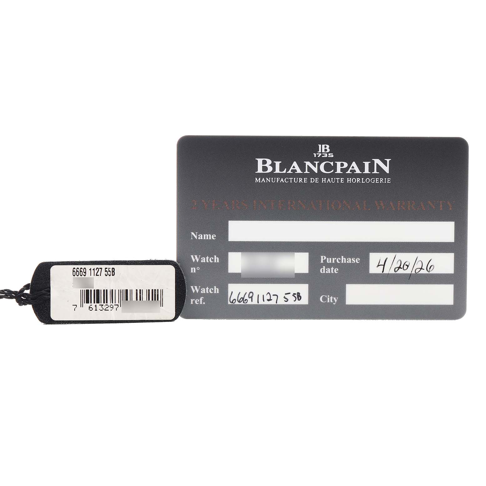 This image shows a warranty card and tag for a Blancpain Villeret 6669 1127 55B Men's Stainless Steel White Dial watch, featuring model and purchase details.
