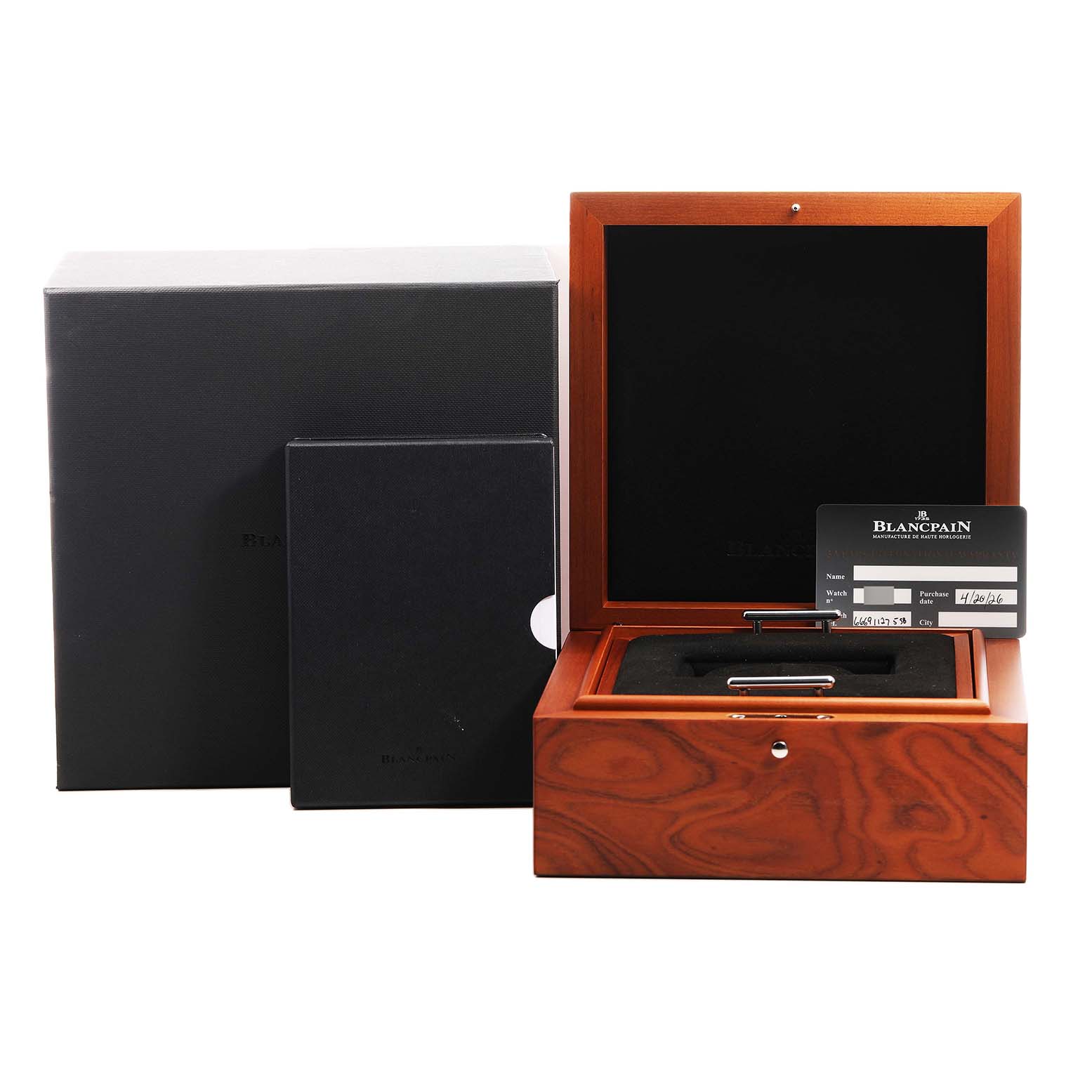 The image shows the Blancpain Villeret 6669 1127 55B Men's Stainless Steel White Dial watch box set, including a wooden box, outer cardboard box, booklet, and warranty card.