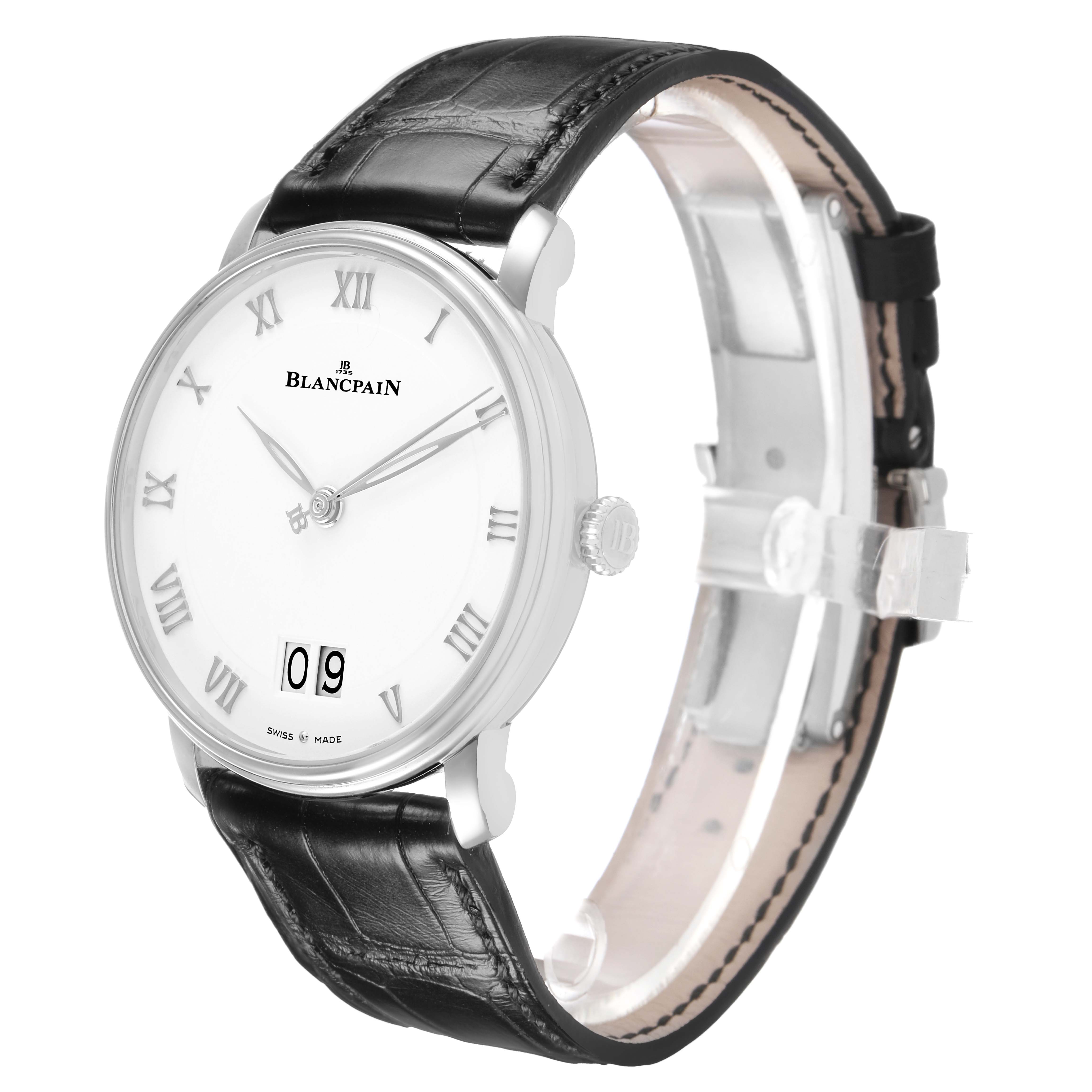 The Blancpain Villeret 6669 1127 55B Men's Stainless Steel White Dial watch is shown at a three-quarter angle, highlighting its white dial, Roman numerals, and black leather strap.