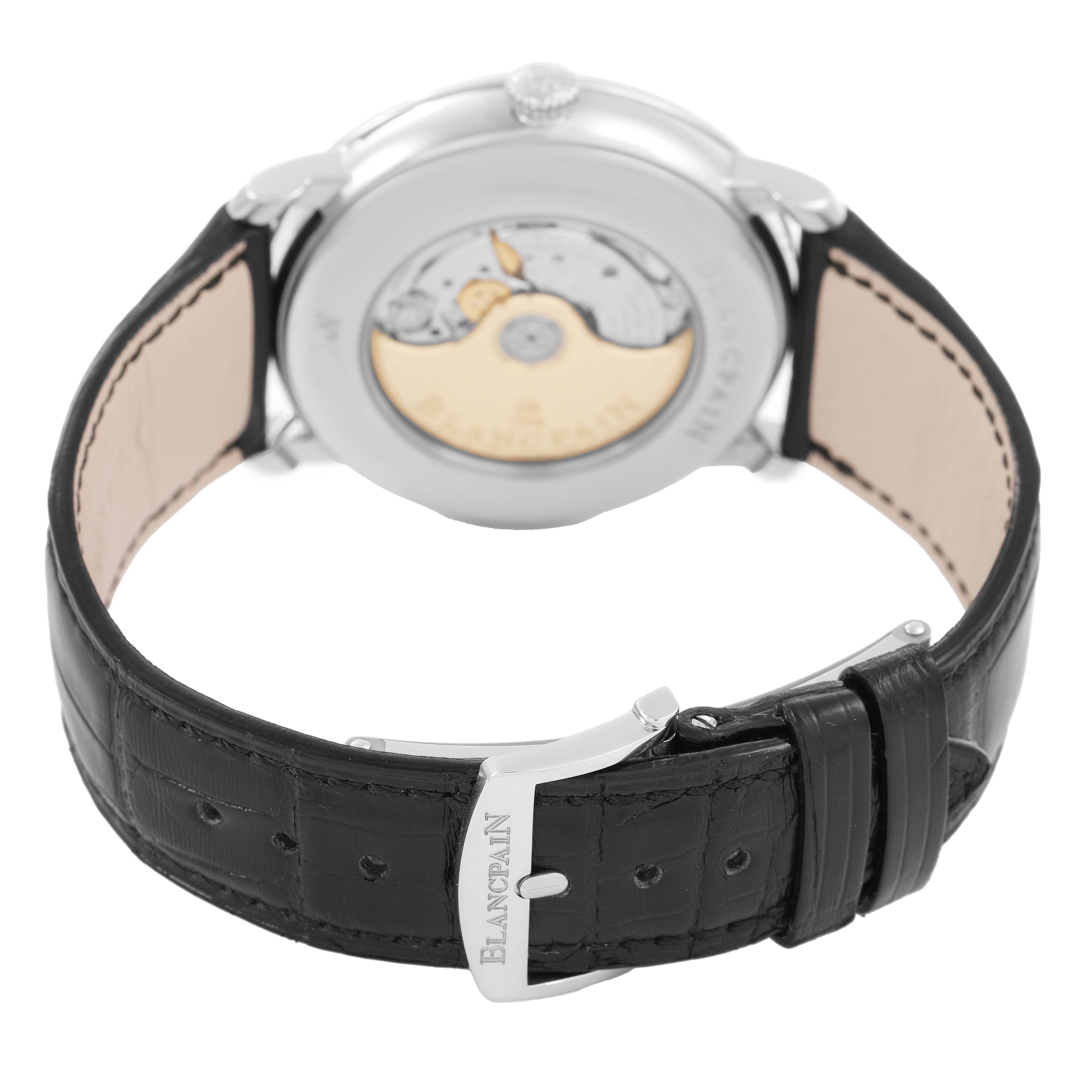 The Blancpain Villeret 6669 1127 55B Men's Stainless Steel White Dial watch is shown from the rear, displaying its open case back and black leather strap with the brand on the buckle.