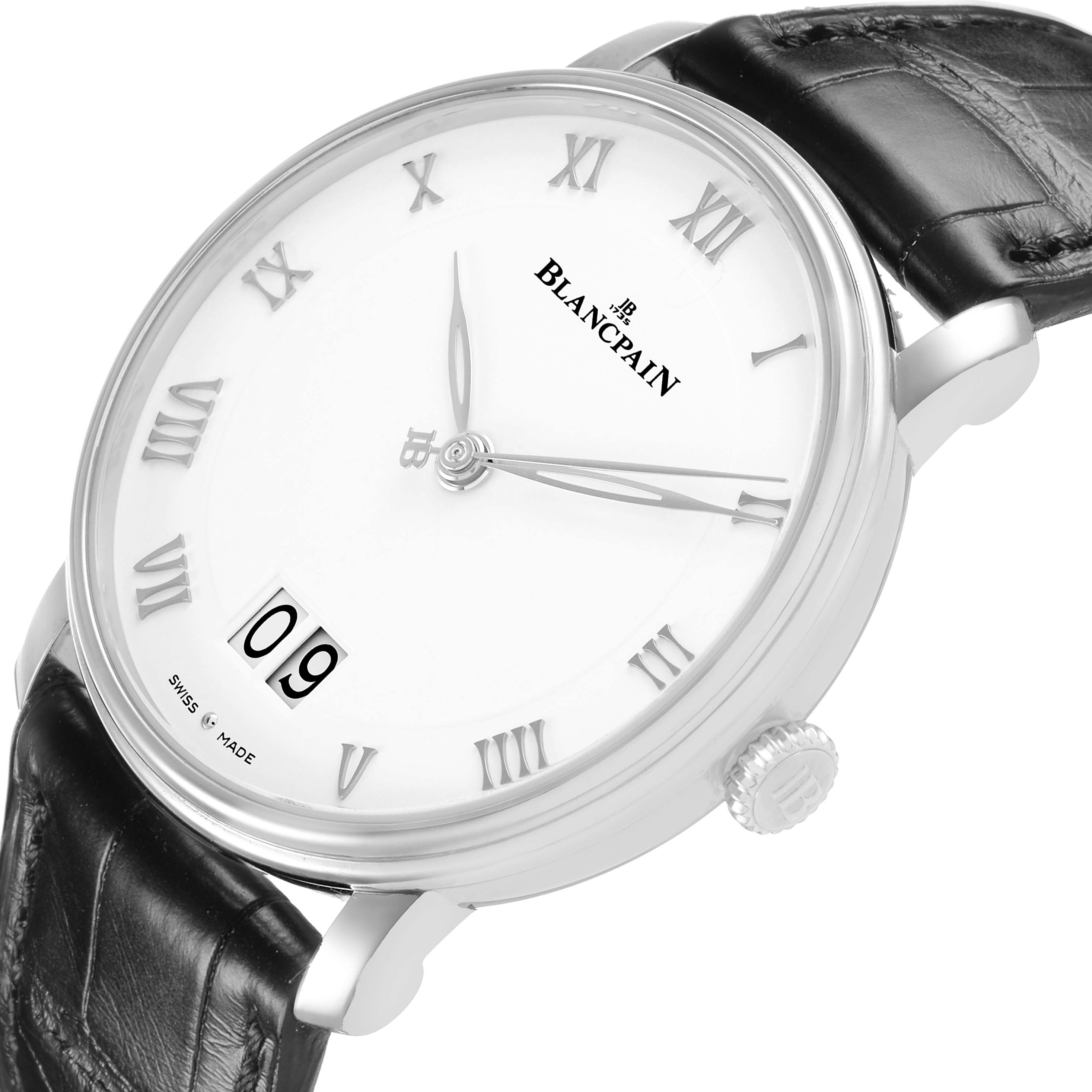 The image shows the Blancpain Villeret 6669 1127 55B Men's Stainless Steel White Dial watch at a slight angle, highlighting the dial, Roman numerals, hands, crown, and leather strap.