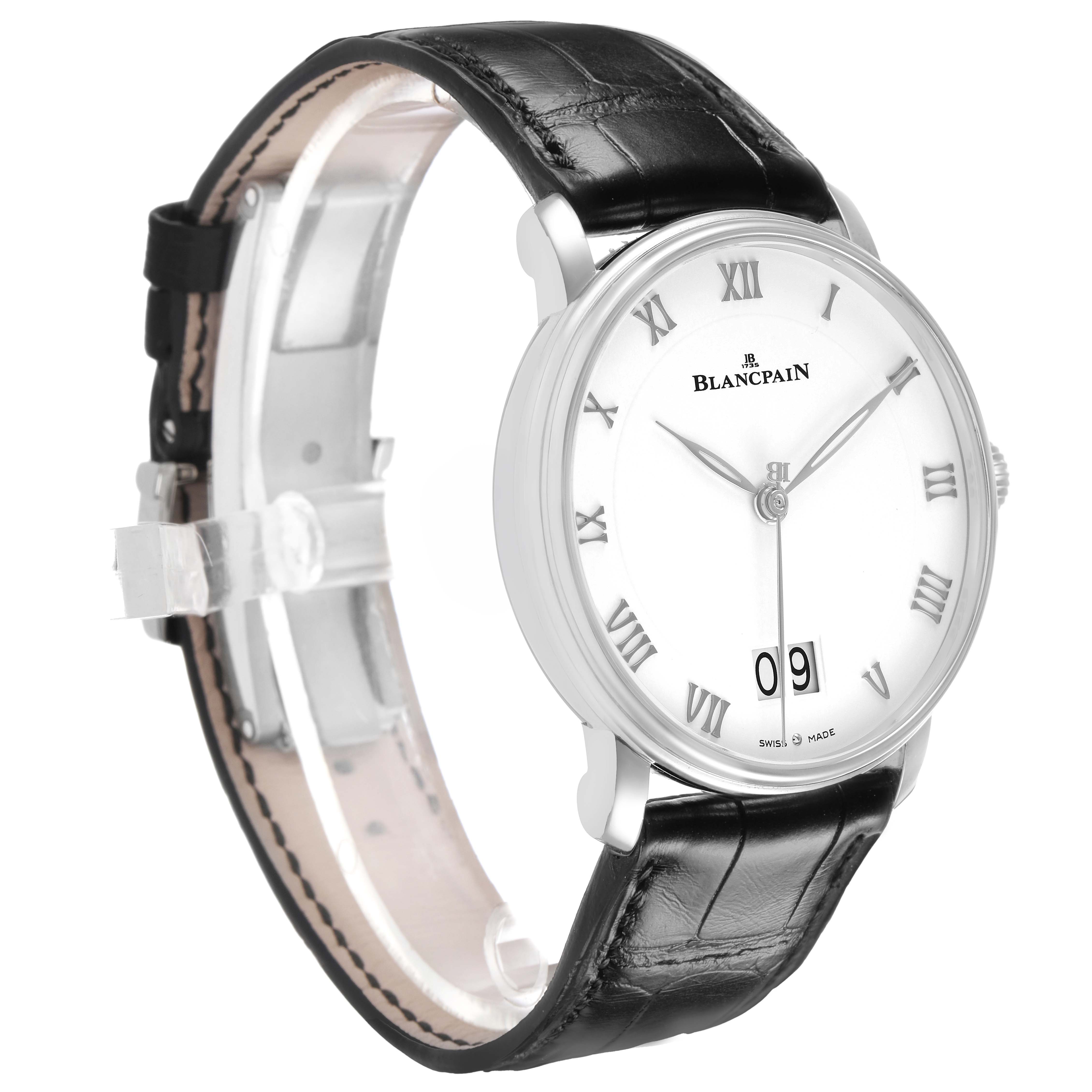 The Blancpain Villeret 6669 1127 55B Men's Stainless Steel White Dial watch is shown at a side angle, highlighting the dial, case, and leather strap.