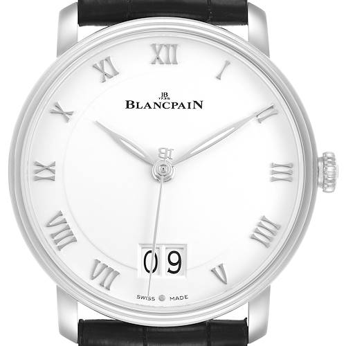 The Blancpain Villeret 6669 1127 55B Mens Stainless Steel White Dial watch is shown from the front, displaying the dial with Roman numerals, hands, and date window.