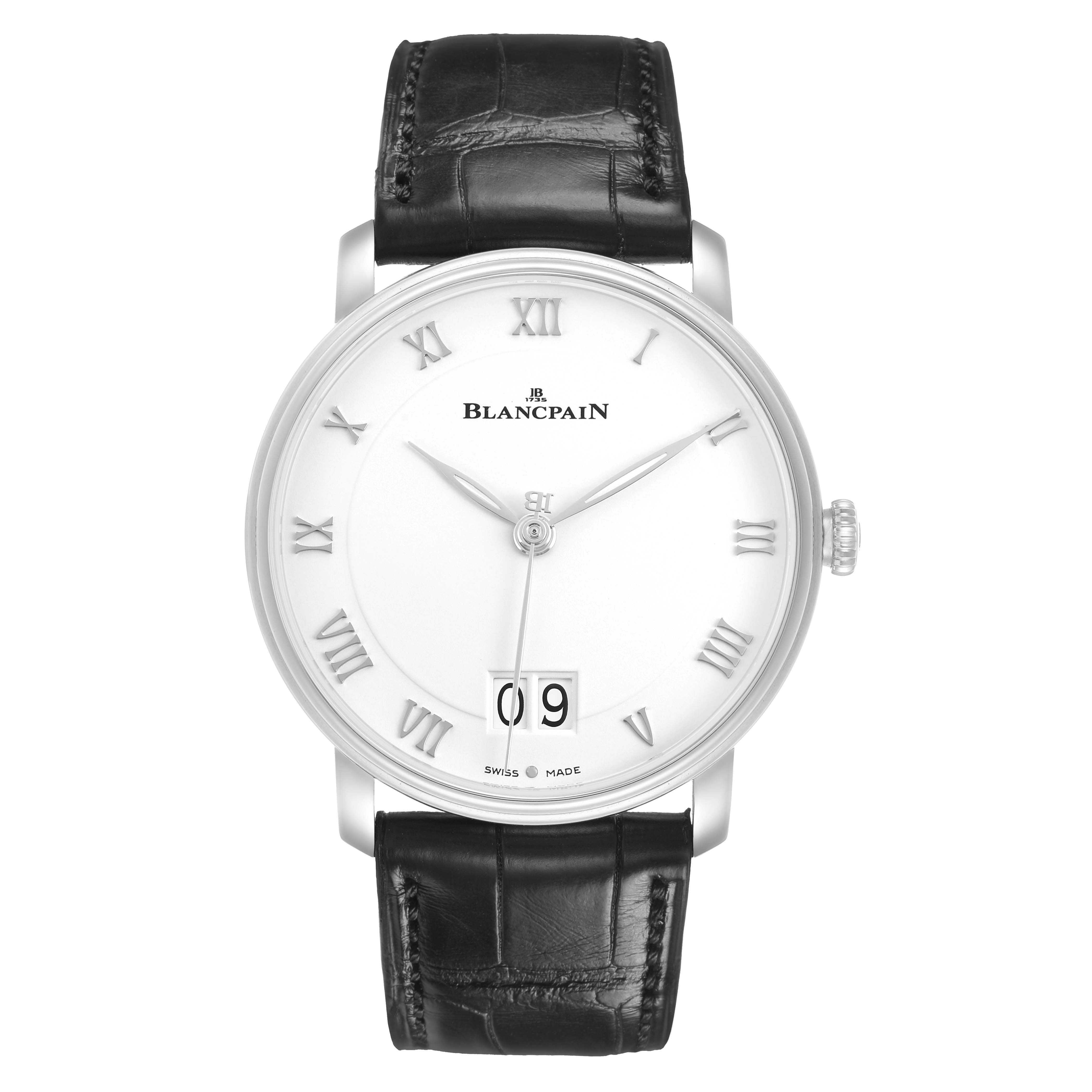 The Blancpain Villeret 6669 1127 55B Men's Stainless Steel White Dial watch is shown from a front angle, highlighting the white dial, Roman numerals, date window, and black leather strap.