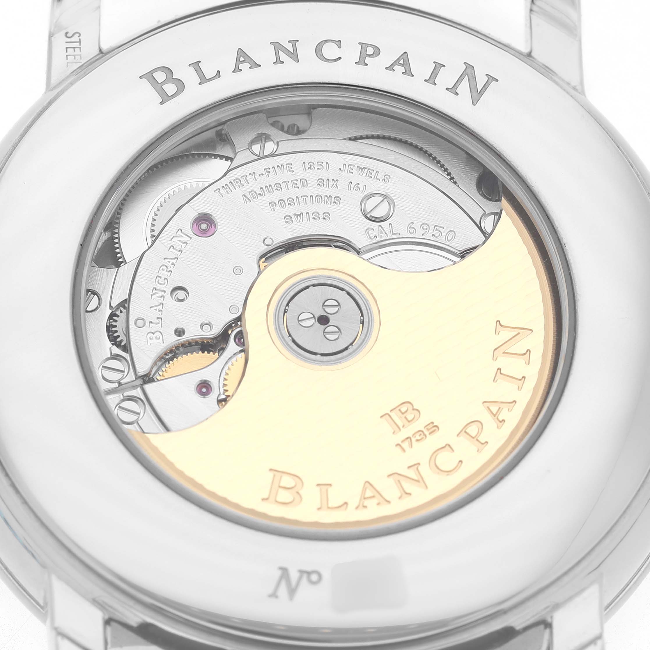 The image shows the back of a Blancpain Villeret 6669 1127 55B Men's Stainless Steel White Dial, displaying its mechanical movement through a transparent case back.