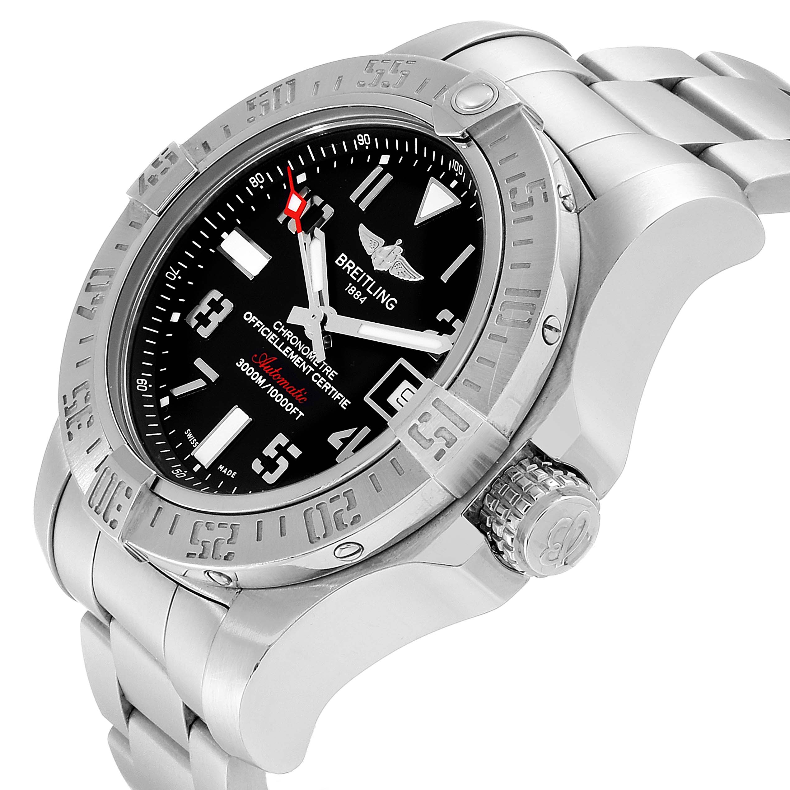 The image shows a side-angle view of the Breitling Avenger A17331 Men's Stainless Steel Black Dial A17331 Men's Stainless Steel Black Dial watch, highlighting the face, bezel, crown, and metal bracelet.
