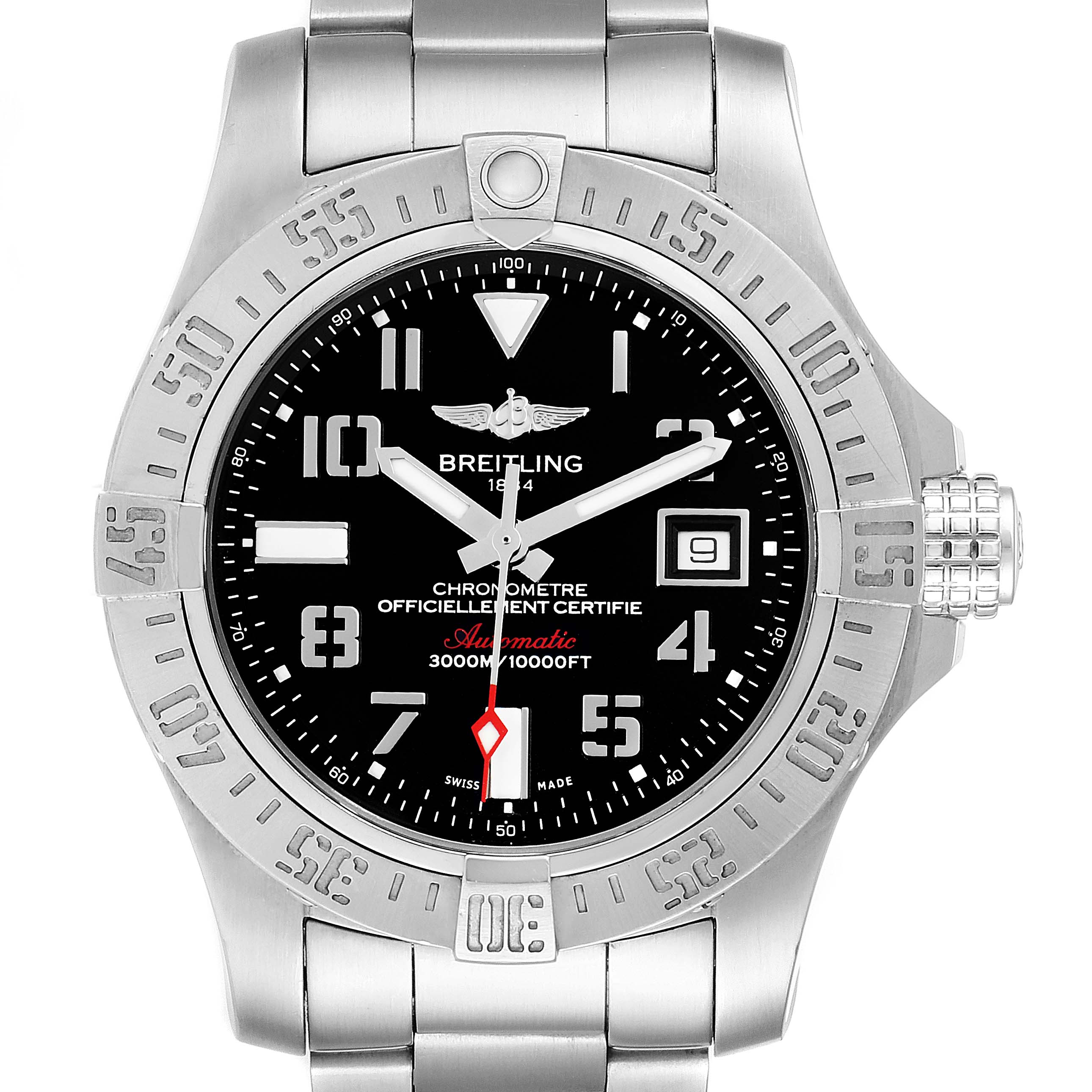 This is a front view of a Breitling Avenger A17331 Men's Stainless Steel Black Dial A17331 Men's Stainless Steel Black Dial watch, showing its bezel, dial, hands, date window, and stainless steel bracelet.