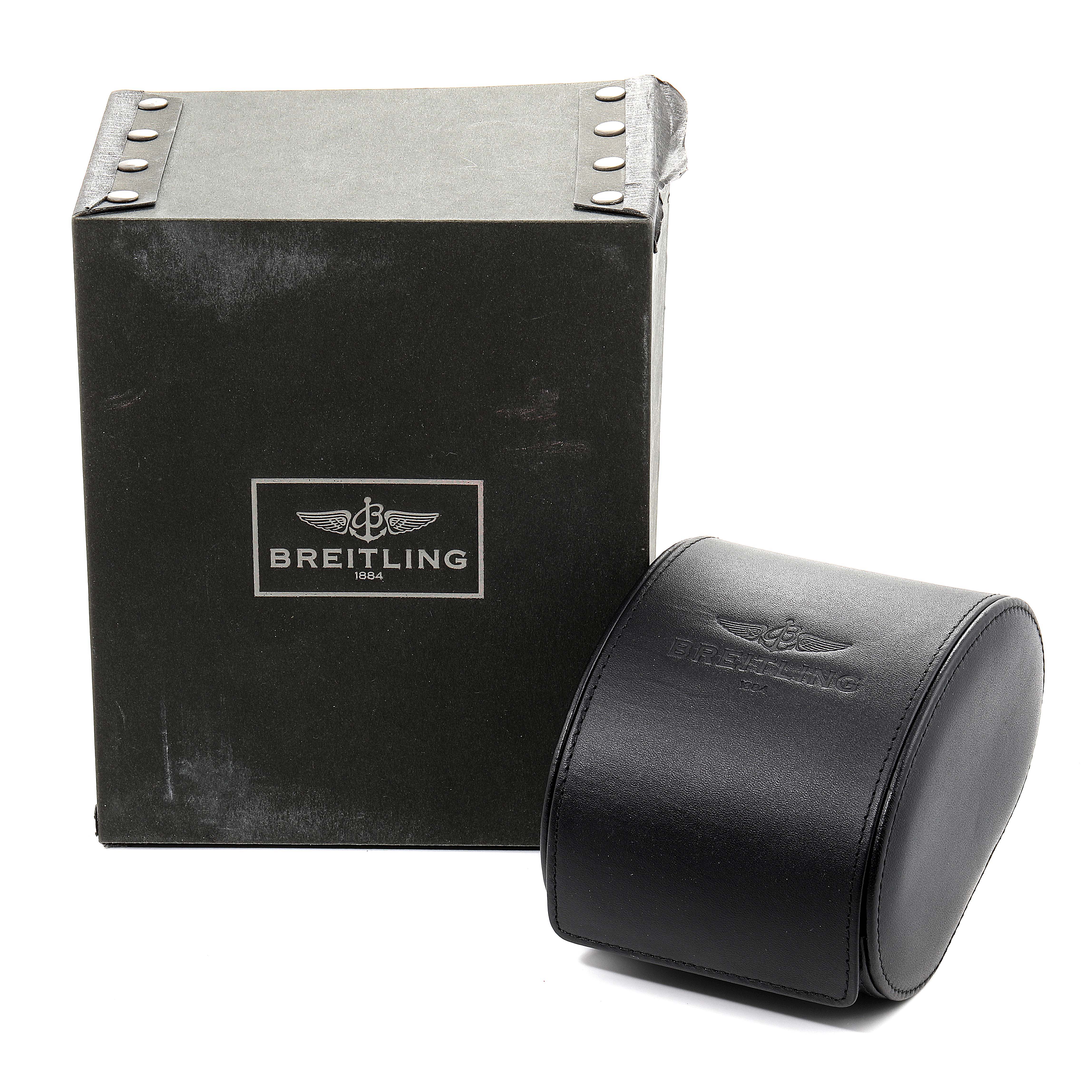 This image shows the packaging and the leather case for a Breitling Avenger A17331 Men's Stainless Steel Black Dial A17331 Men's Stainless Steel Black Dial watch.