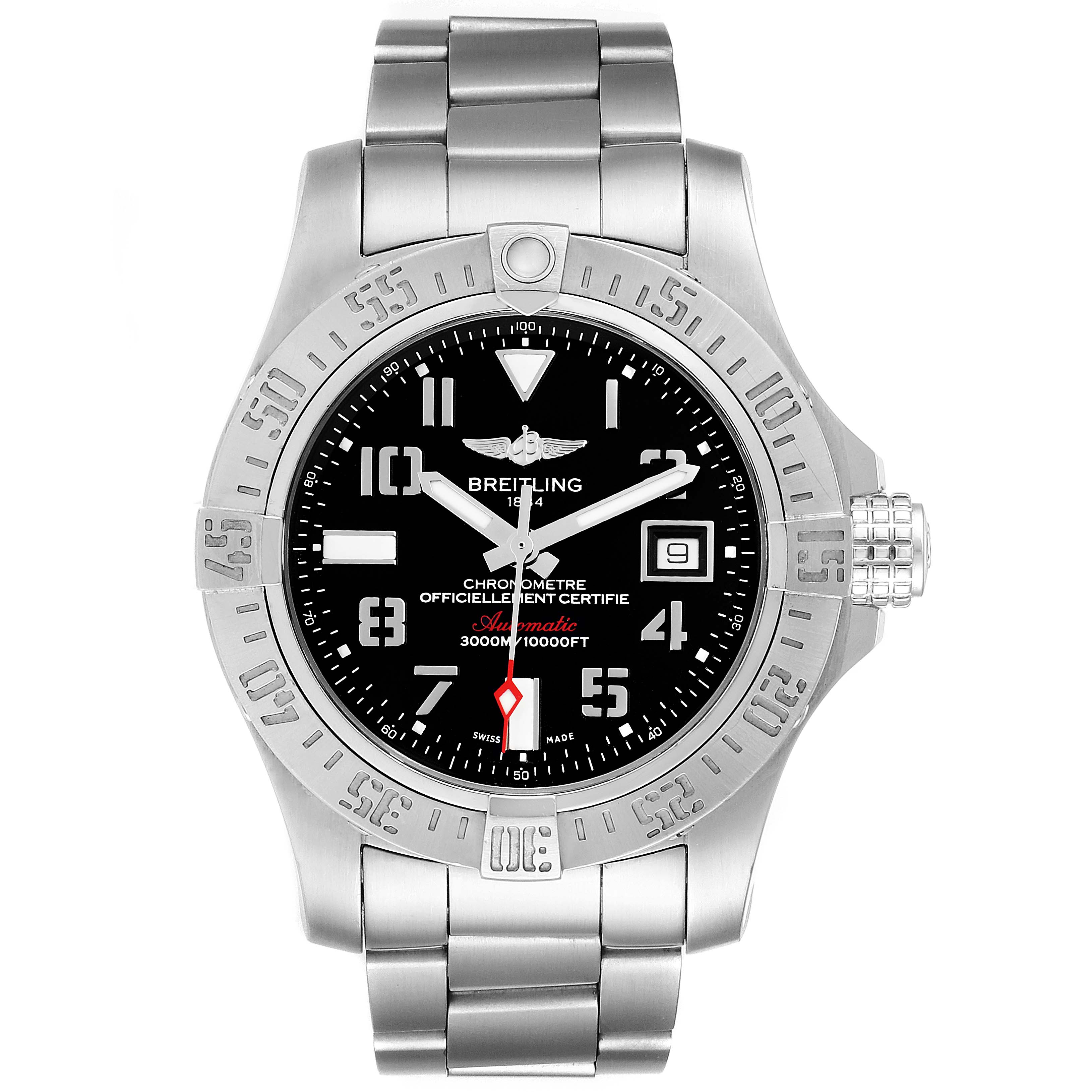 This image shows a front view of the Breitling Avenger A17331 Men's Stainless Steel Black Dial A17331 Men's Stainless Steel Black Dial watch, displaying its face, bezel, and stainless steel bracelet.