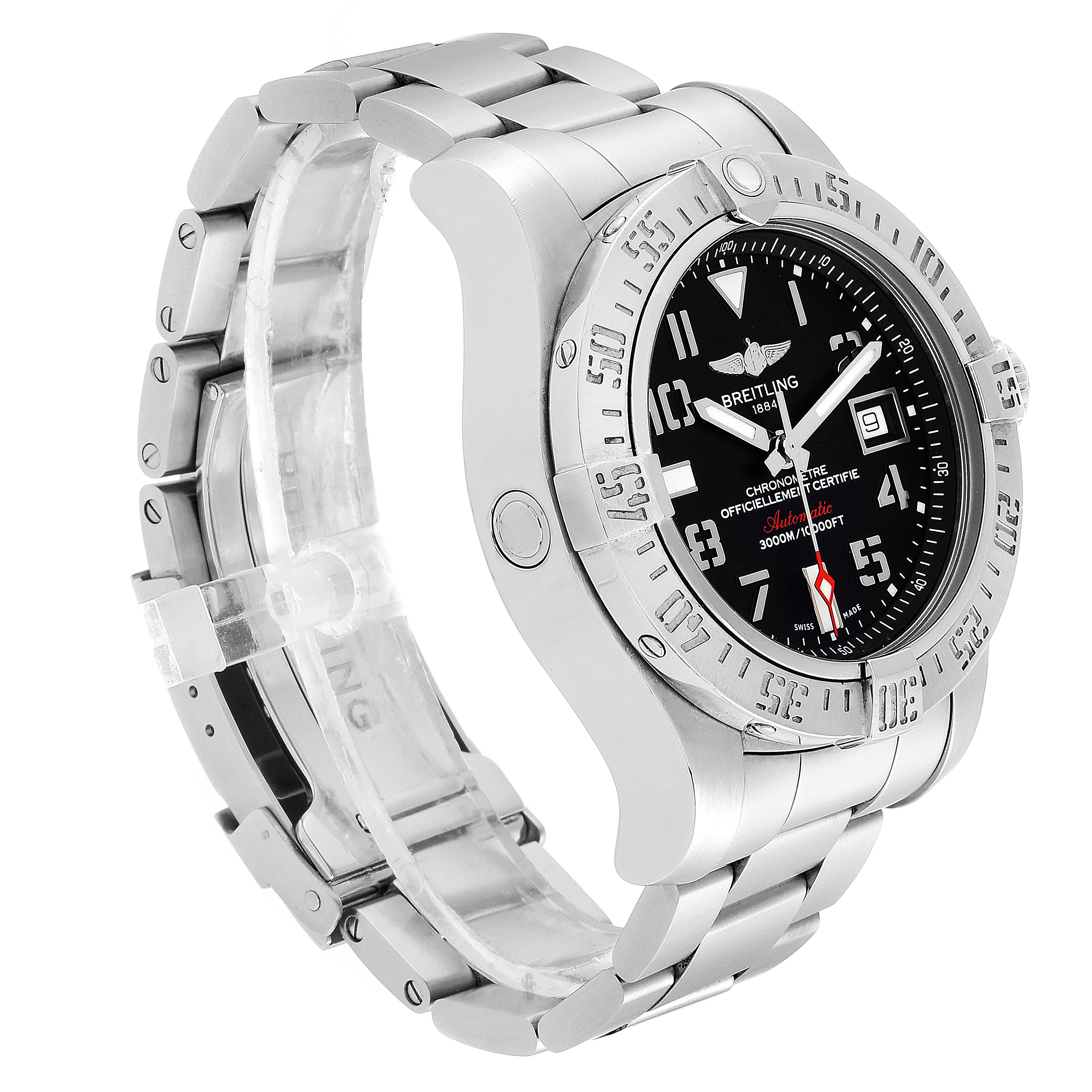 The image shows a side and partial front angle of a Breitling Avenger A17331 Men's Stainless Steel Black Dial A17331 Men's Stainless Steel Black Dial watch, highlighting its stainless steel case, bezel, and bracelet.