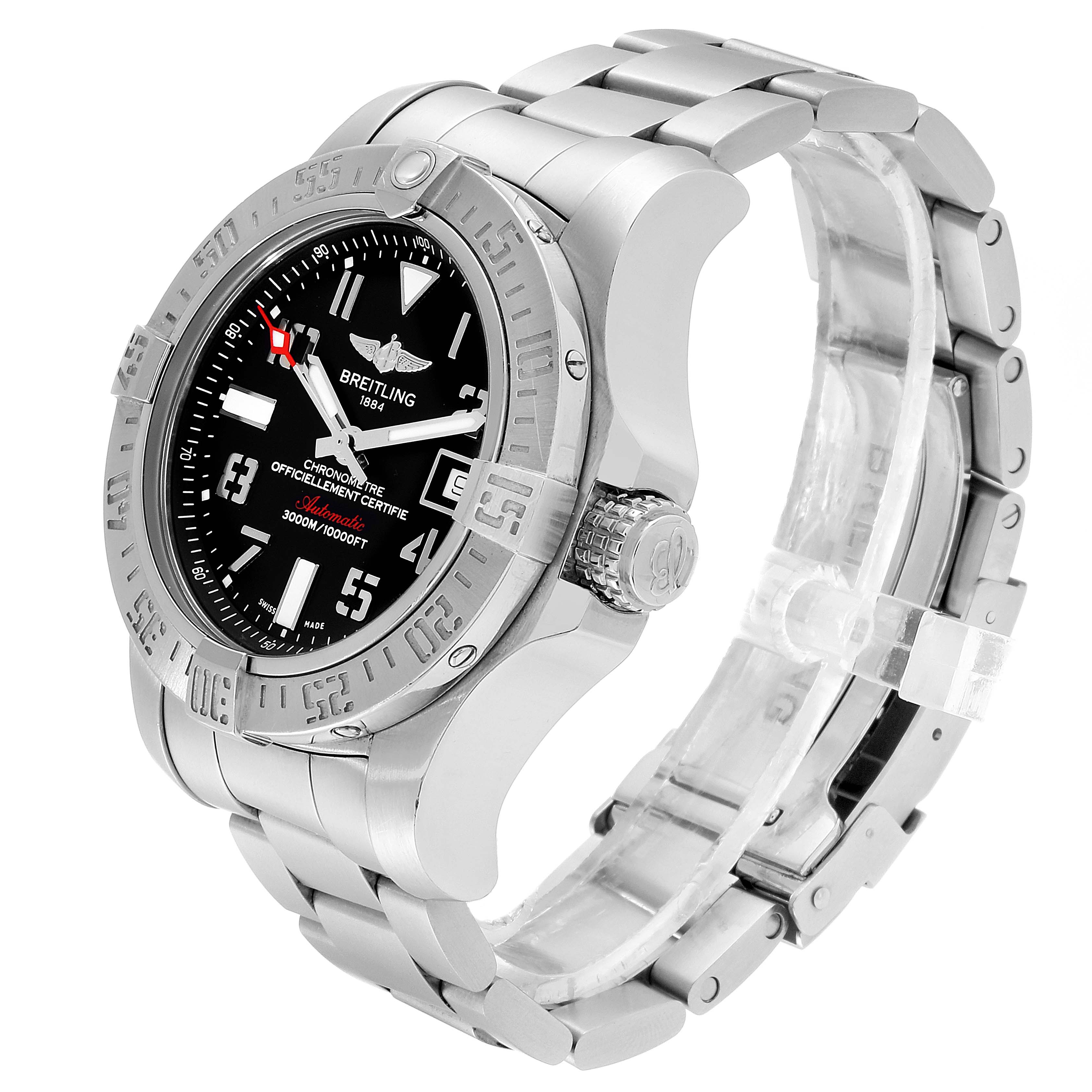 This image shows a Breitling Avenger A17331 Men's Stainless Steel Black Dial A17331 Men's Stainless Steel Black Dial watch from a side angle, displaying its bezel, crown, dial, and metal bracelet.