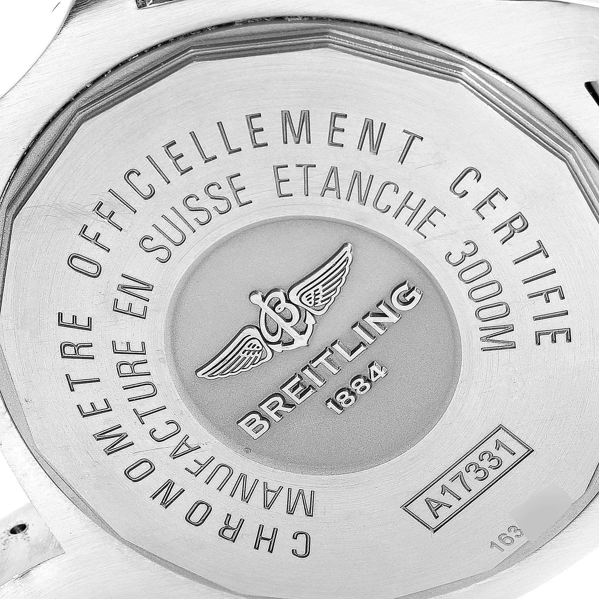 The image shows the back case of a Breitling Avenger A17331 Men's Stainless Steel Black Dial A17331 Men's Stainless Steel Black Dial watch, highlighting its water resistance, manufacturer's details, and certification.