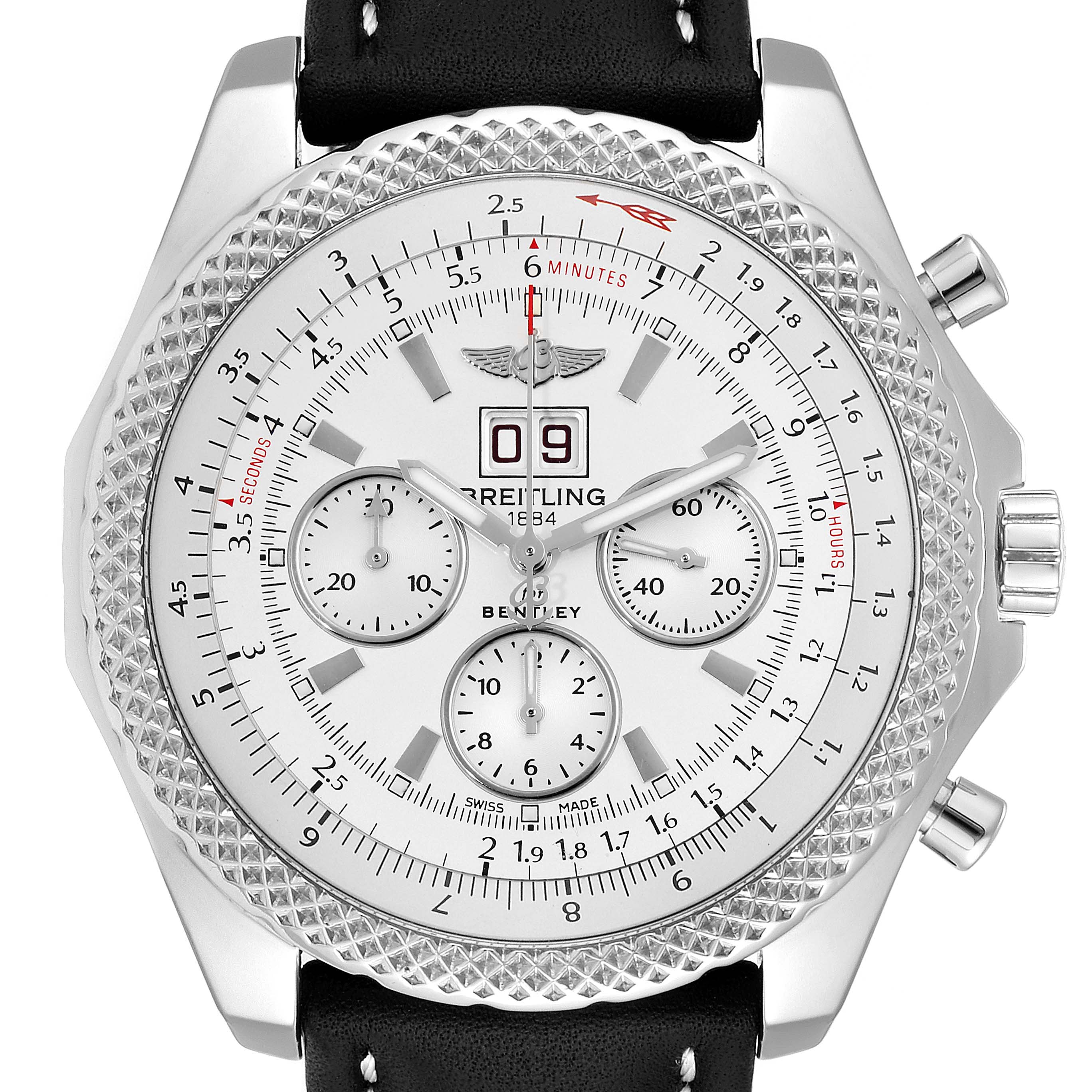 The image displays a front view of the Bentley model watch by Breitling, showing the face, bezel, and part of the leather strap.