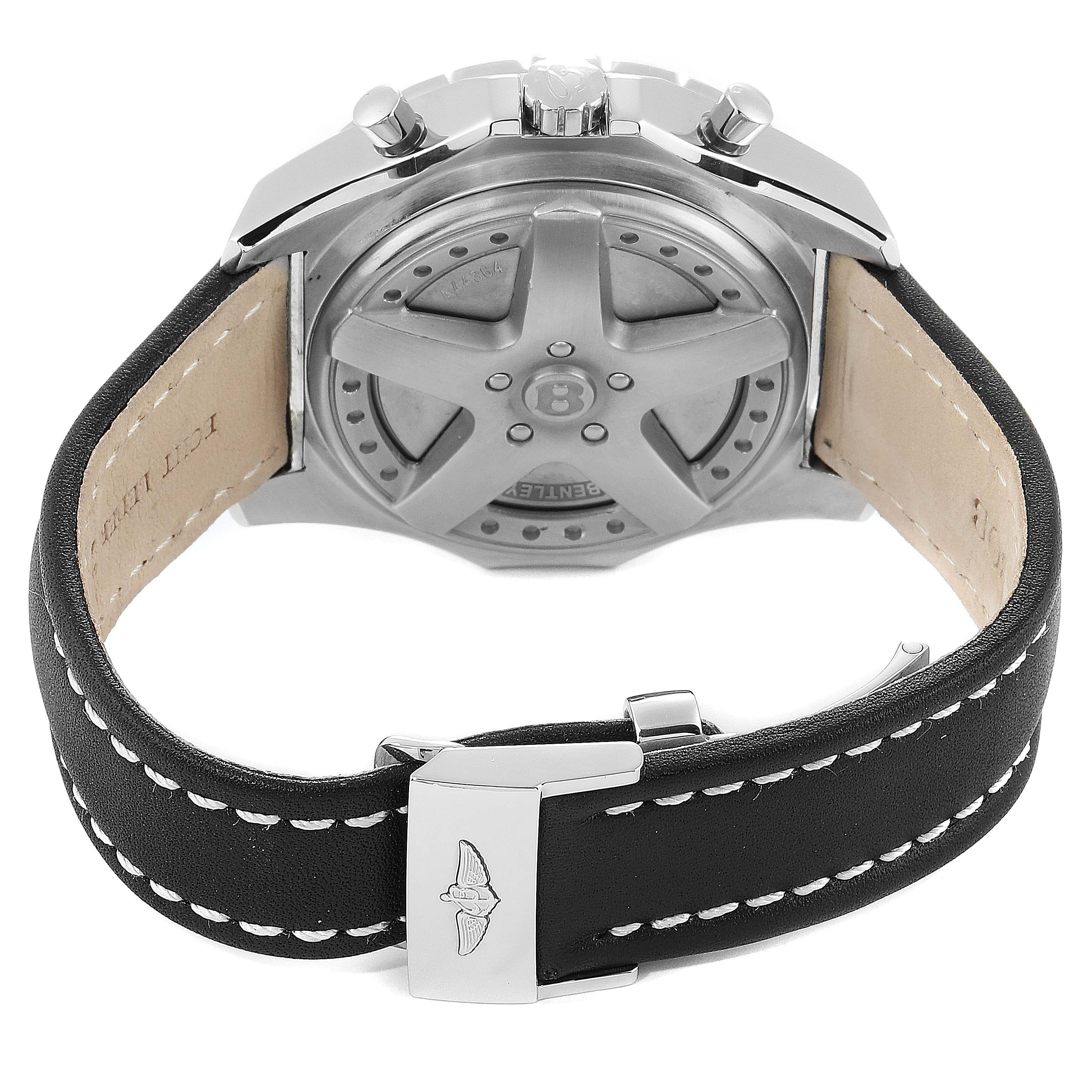 The image shows the back and clasp of a Breitling Bentley A44364 Men's Stainless Steel Silver Dial A44364 Men's Stainless Steel Silver Dial model watch, focusing on the case back and leather strap with stitching.