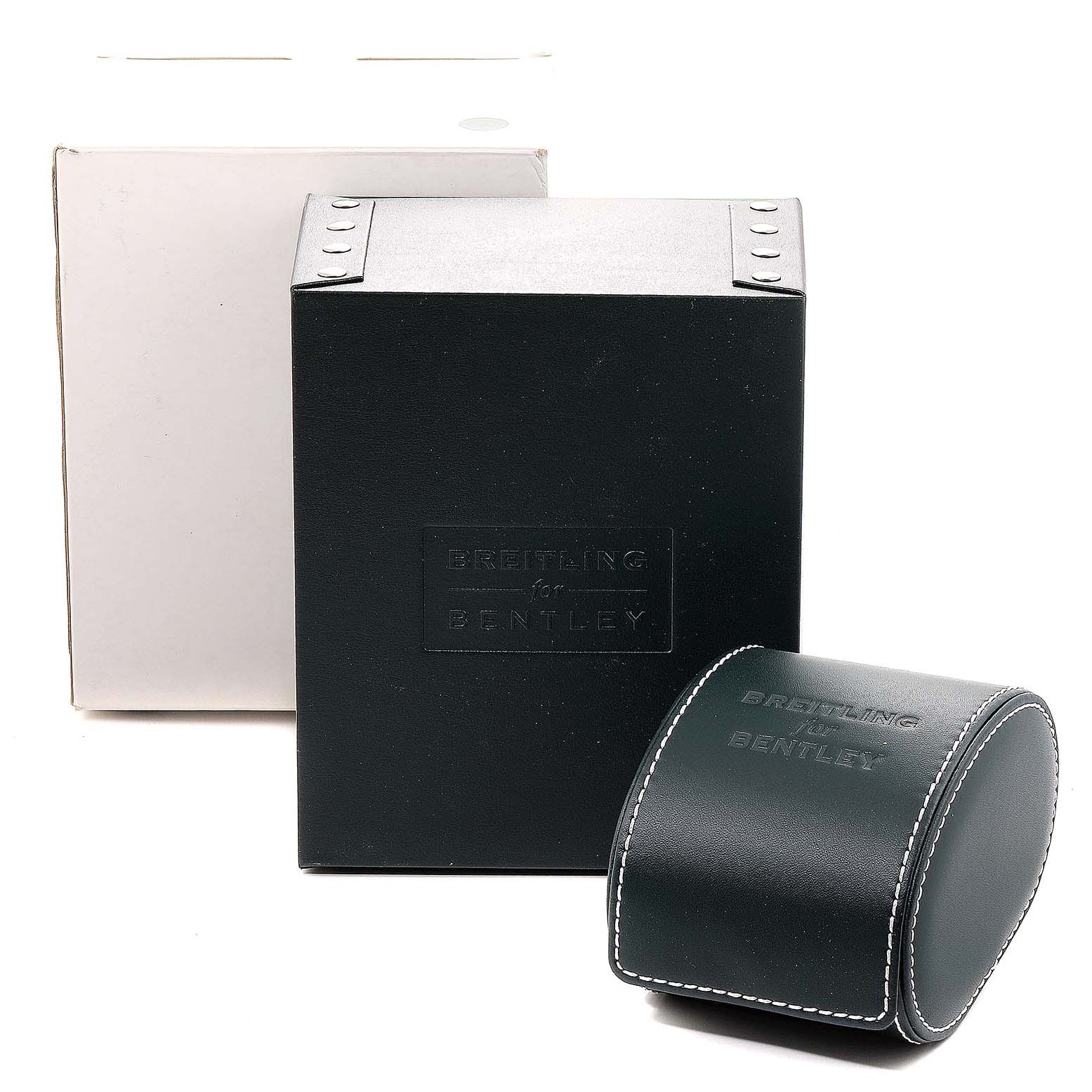 The image shows the packaging and leather case for the Breitling Bentley A44364 Men's Stainless Steel Silver Dial A44364 Men's Stainless Steel Silver Dial model watch.