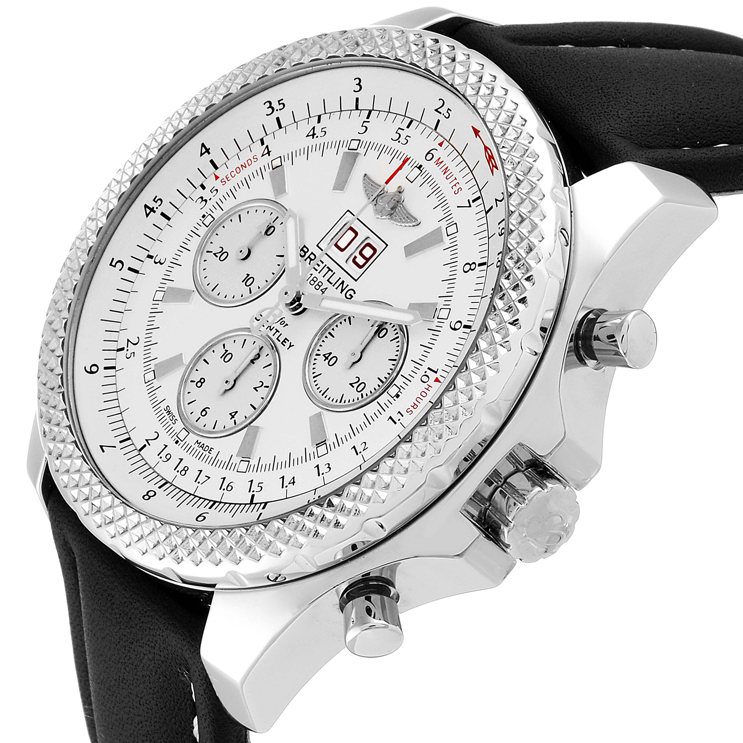 The image shows a close-up, angled view of the Breitling Bentley A44364 Men's Stainless Steel Silver Dial A44364 Men's Stainless Steel Silver Dial model watch, displaying its face, bezel, and side buttons.