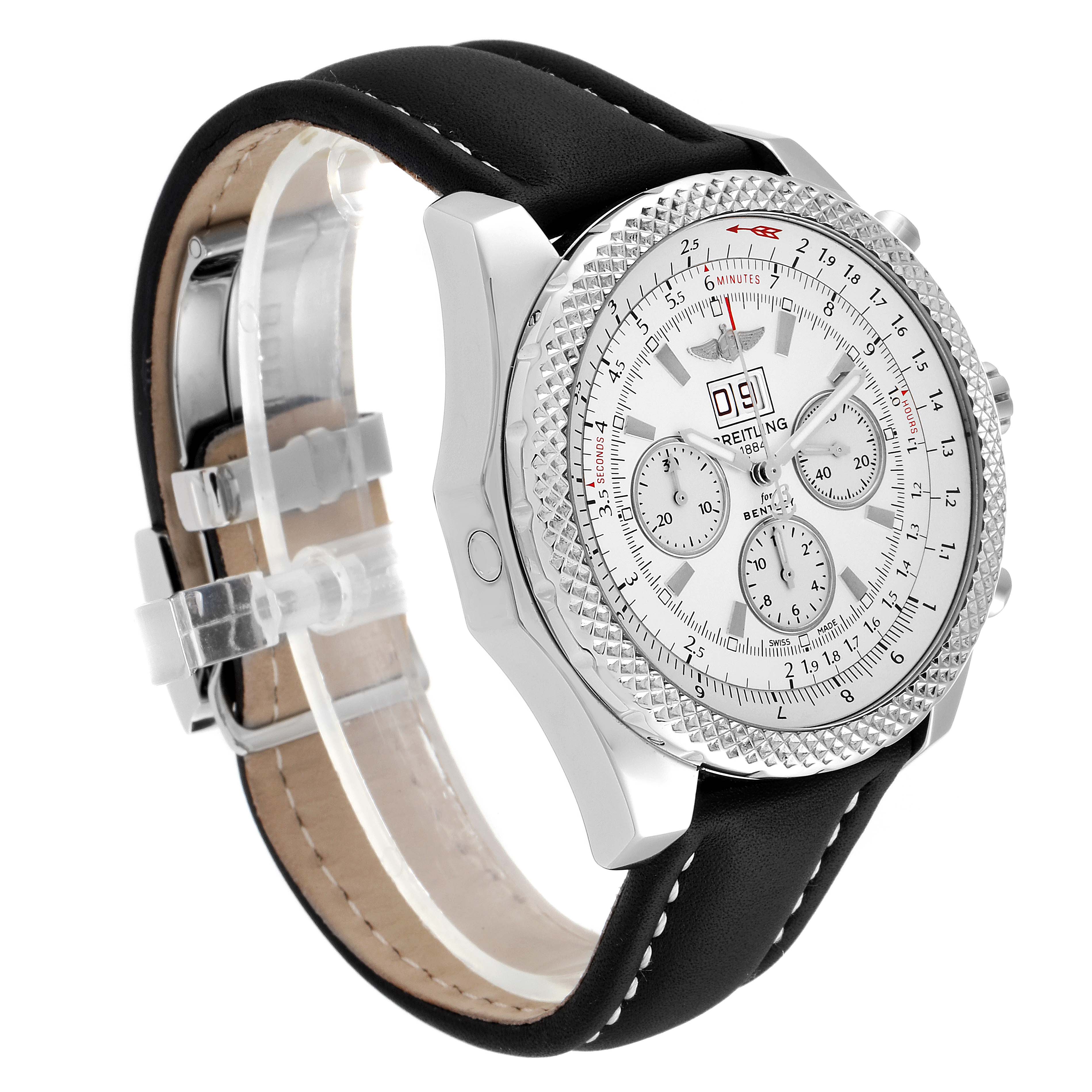 The image shows a side and partial top view of the Breitling Bentley A44364 Men's Stainless Steel Silver Dial A44364 Men's Stainless Steel Silver Dial watch, highlighting its face, bezel, and leather strap.