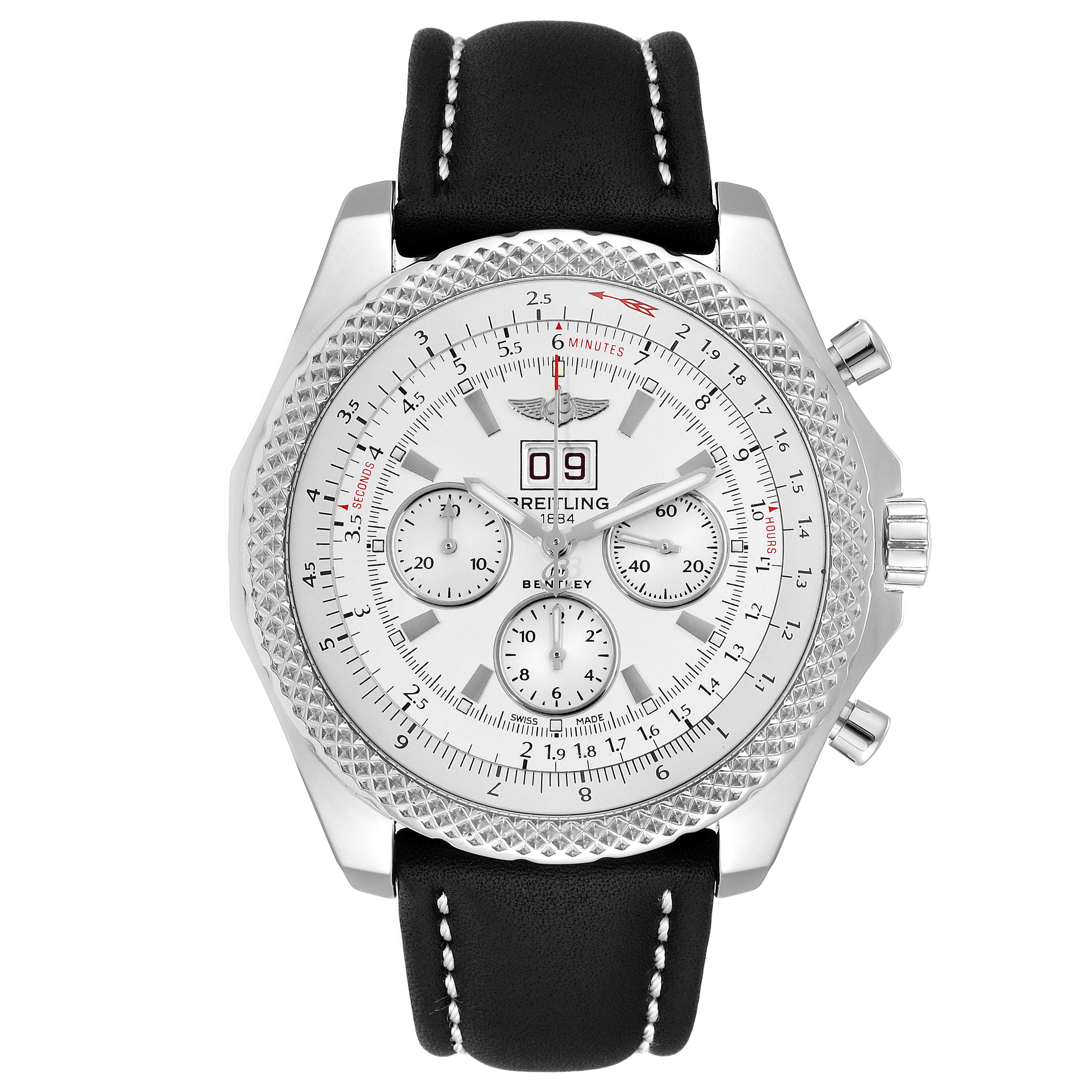 The image shows a front view of a Breitling Bentley A44364 Men's Stainless Steel Silver Dial A44364 Men's Stainless Steel Silver Dial watch, displaying its face, bezel, and leather strap.