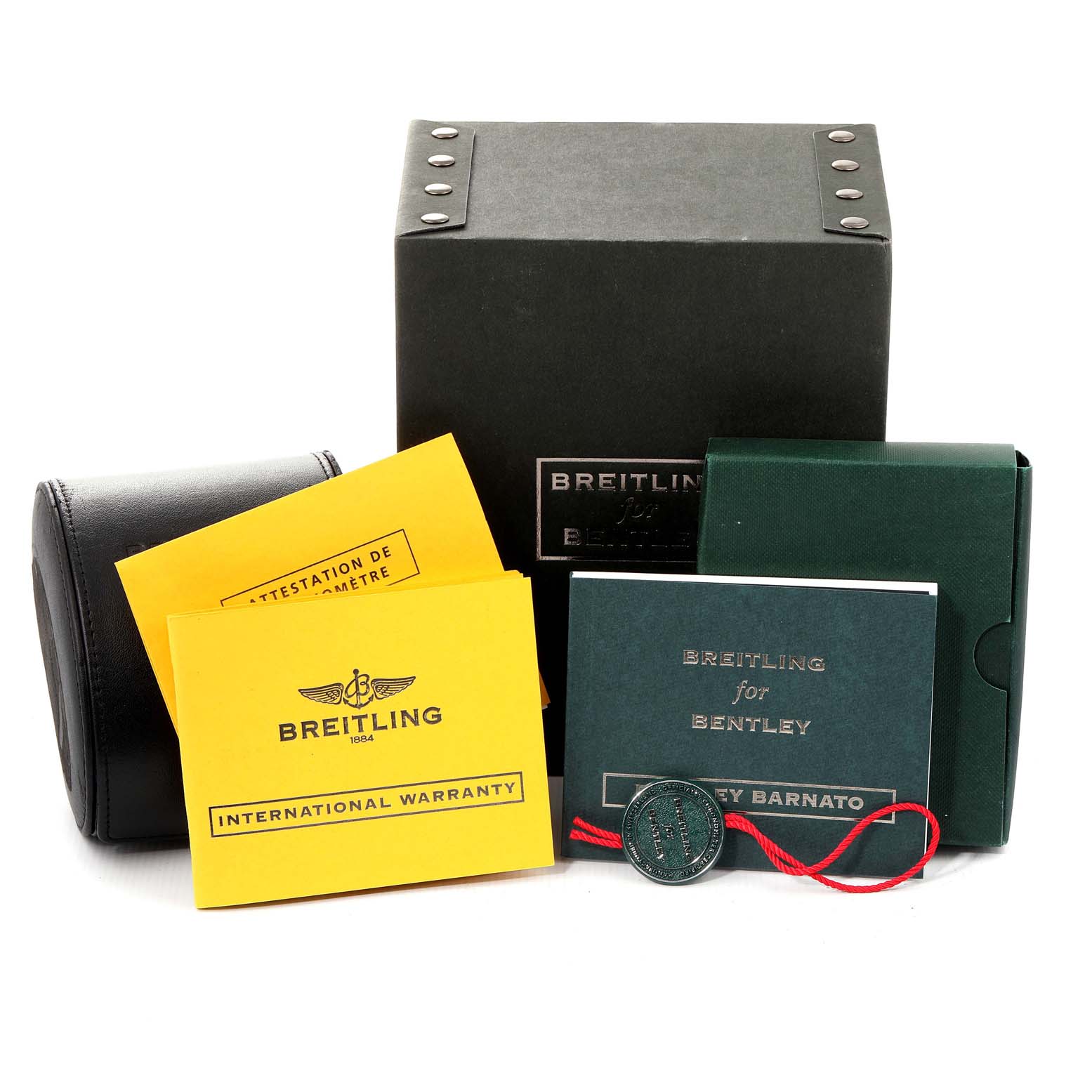 The image shows packaging and documentation accessories for a Breitling Bentley A25362 Men's Stainless Steel Black Dial A25362 Men's Stainless Steel Black Dial model, including manuals, warranty card, and a black case.