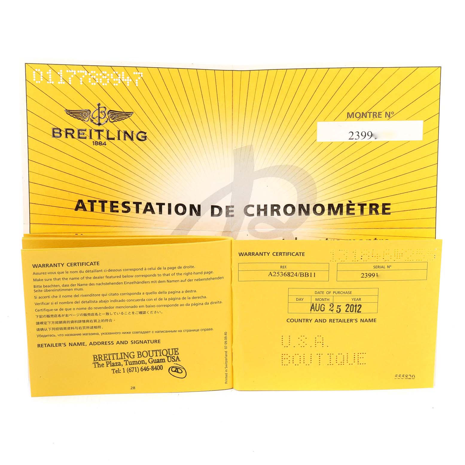 The image shows the warranty certificate and chronometer attestation documents for the Bentley model by Breitling.