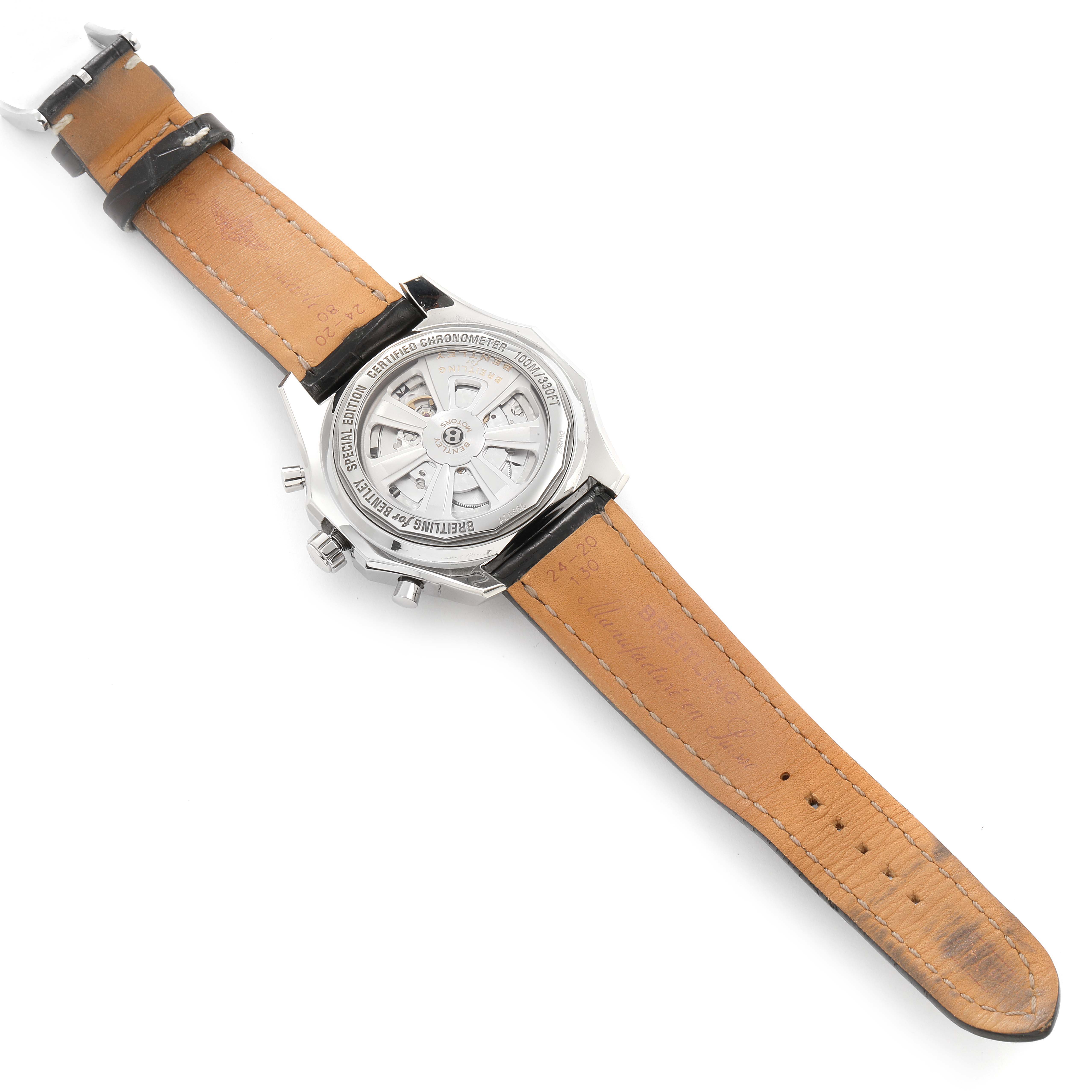 The image shows the back view of the Breitling Bentley A25362 Men's Stainless Steel Black Dial A25362 Men's Stainless Steel Black Dial watch, highlighting its leather strap and open case back with visible movement.