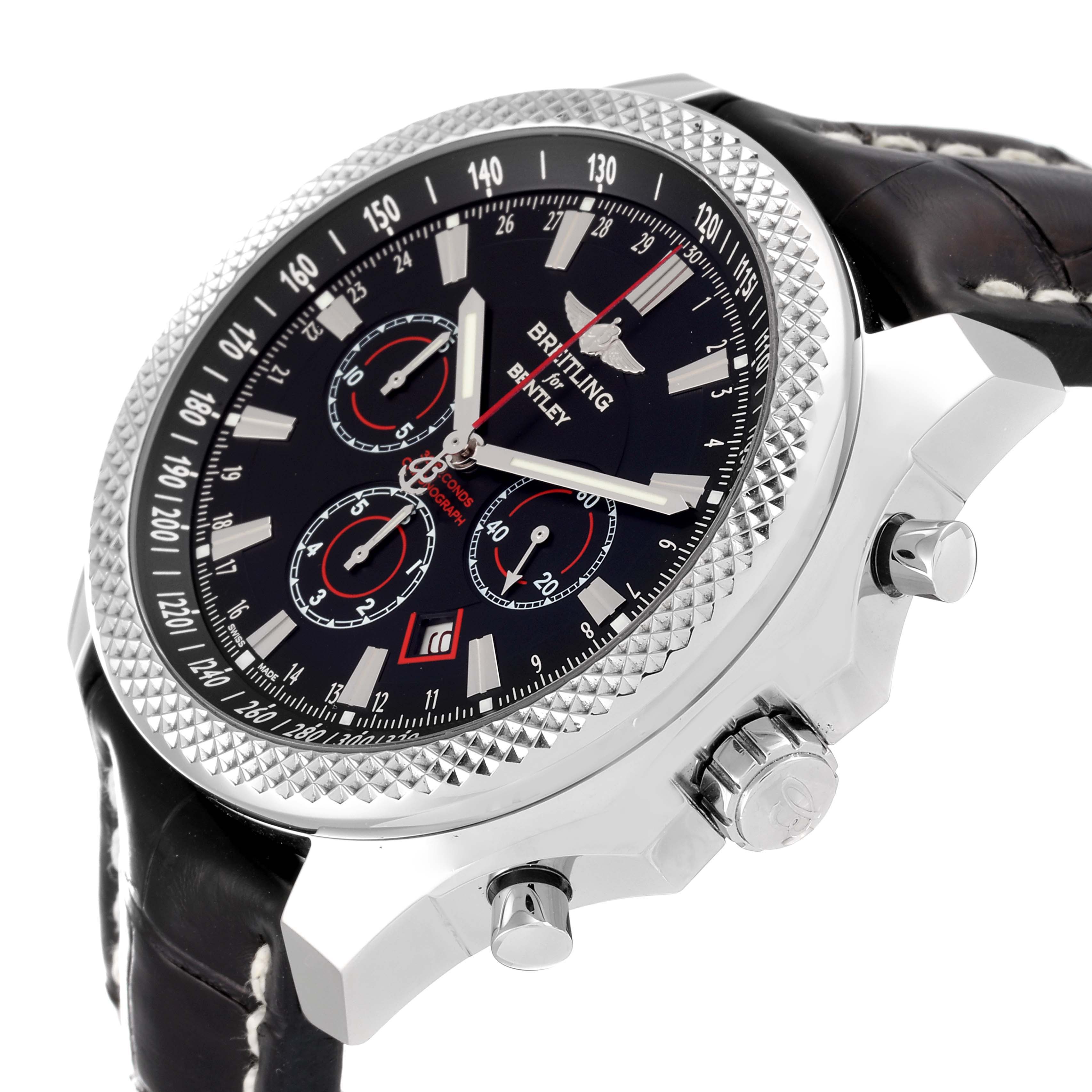 The image shows a Breitling Bentley A25362 Men's Stainless Steel Black Dial A25362 Men's Stainless Steel Black Dial watch at a three-quarter angle, highlighting the face, bezel, crown, and pushers.