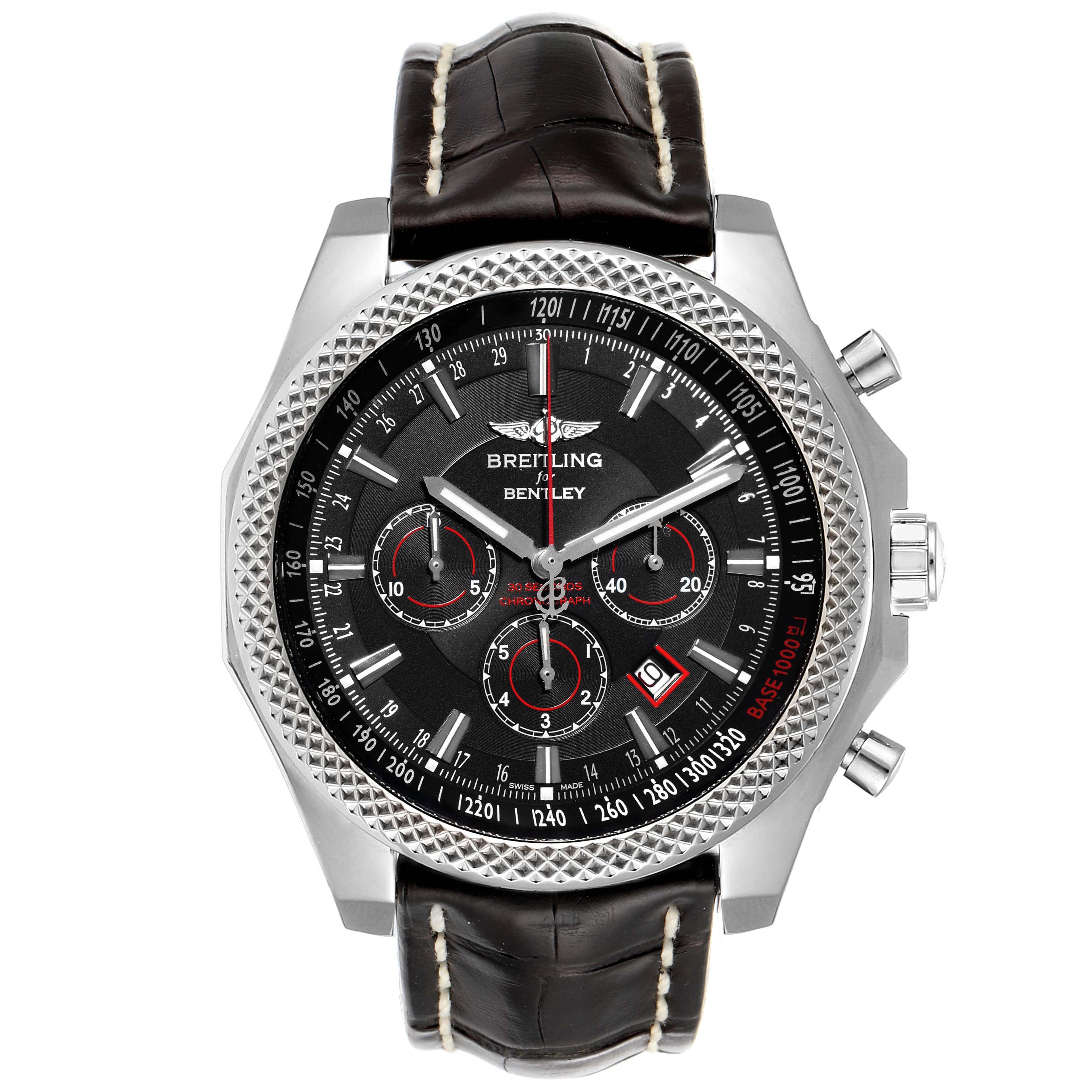 The Breitling Bentley A25362 Men's Stainless Steel Black Dial A25362 Men's Stainless Steel Black Dial watch is shown from the front, highlighting its face, bezel, and leather strap.