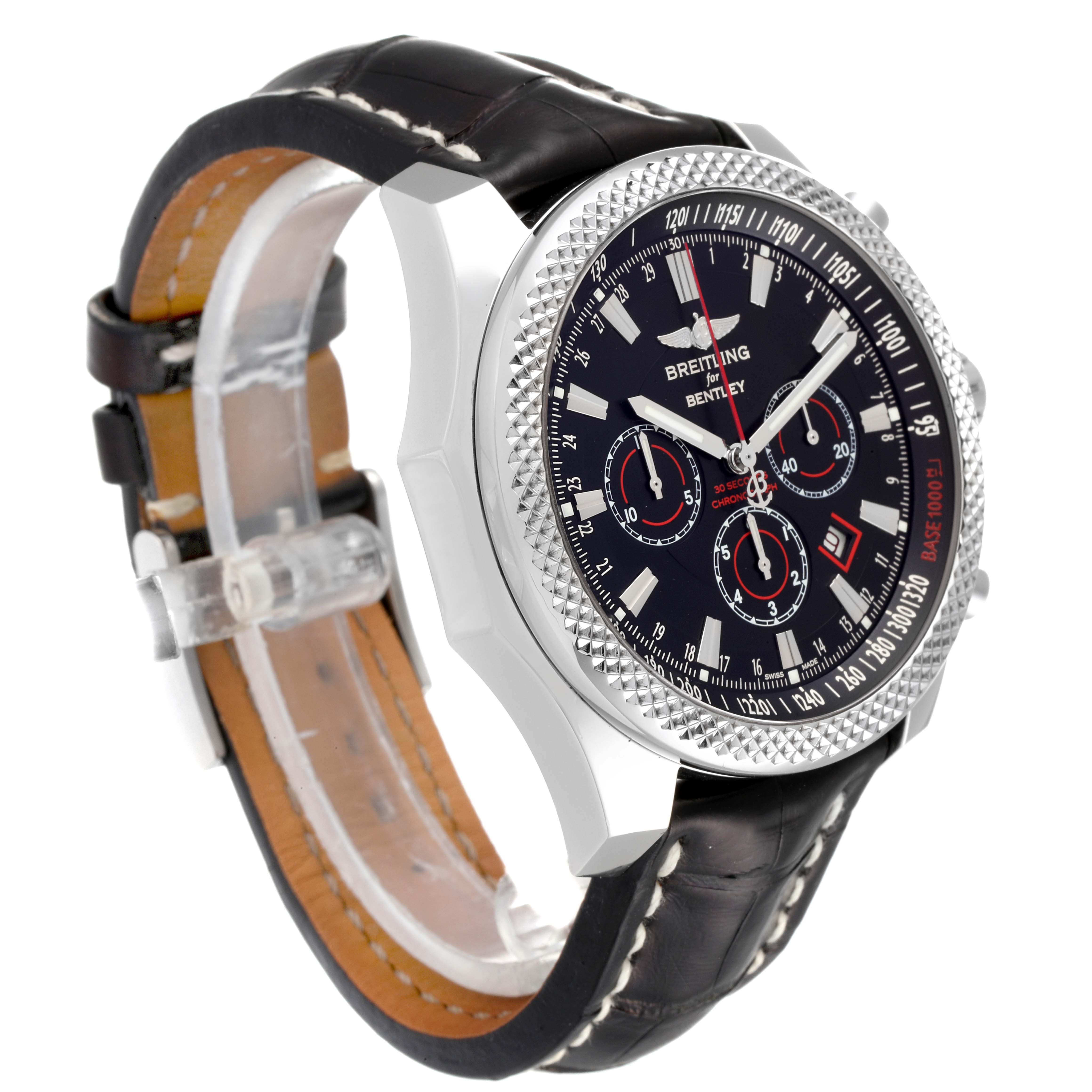 The image shows a side-angle view of a Breitling for Bentley watch, highlighting its black dial, bezel, and leather strap.
