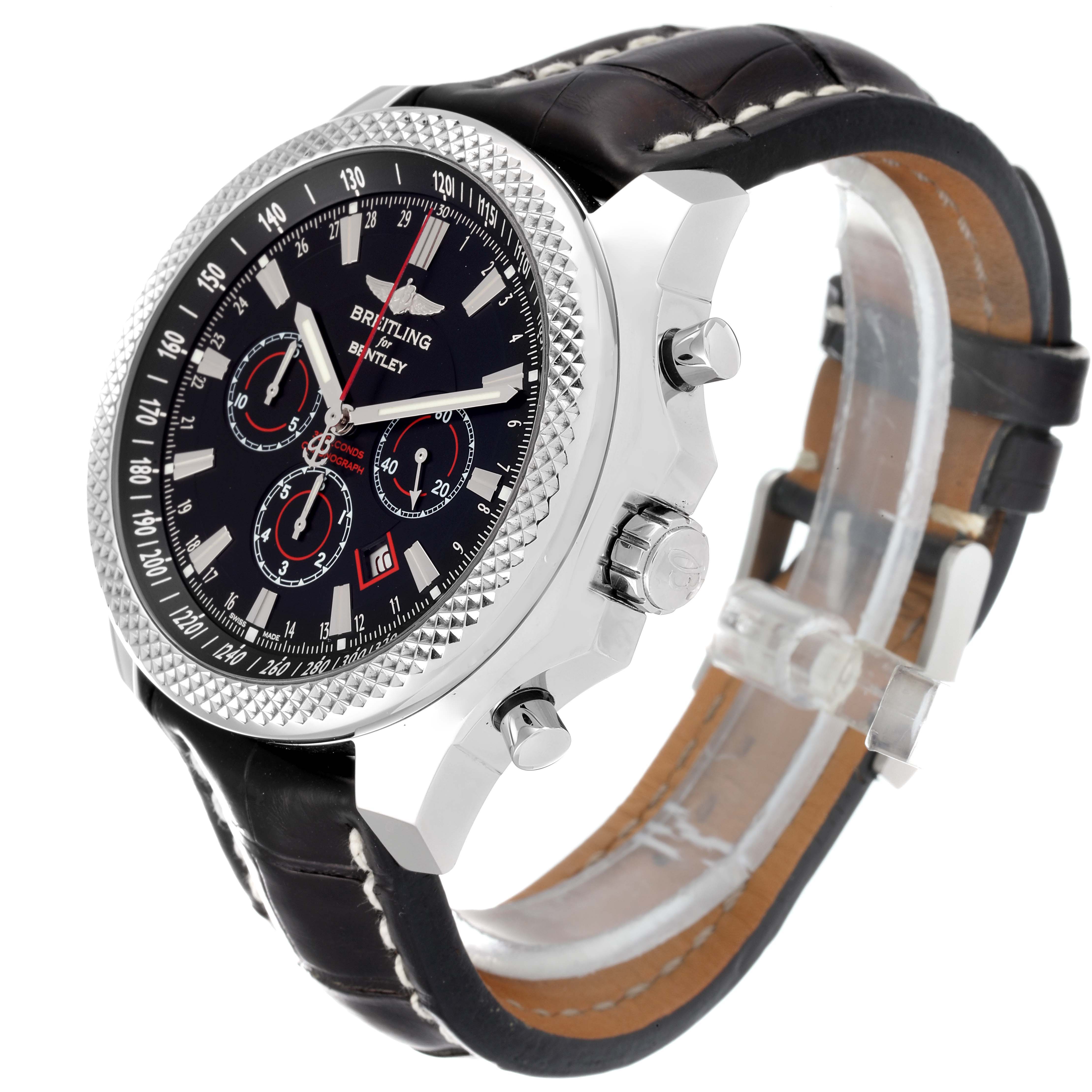 The image shows a Breitling Bentley A25362 Men's Stainless Steel Black Dial A25362 Men's Stainless Steel Black Dial watch at a three-quarter angle, highlighting its face, bezel, crown, and chronograph buttons.