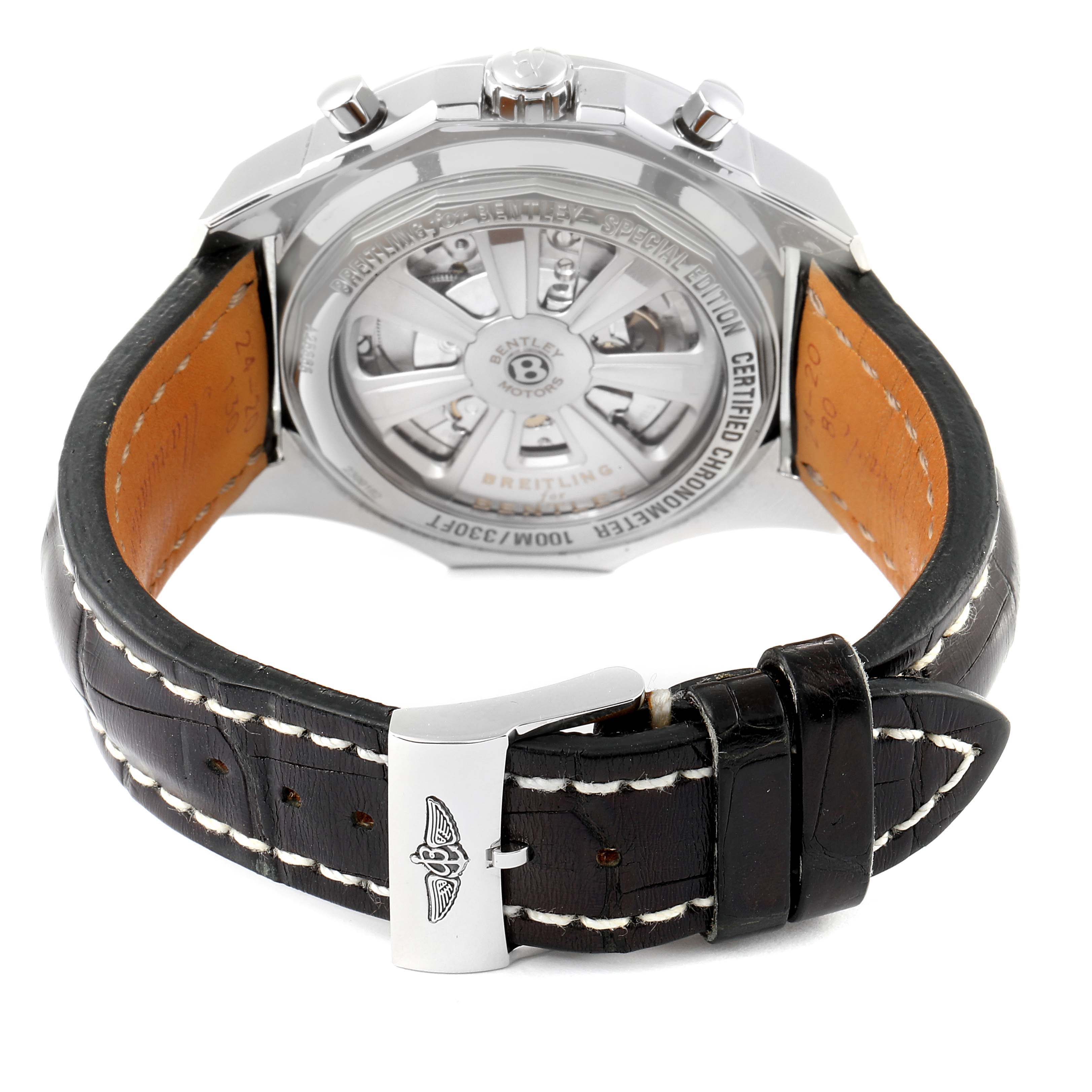 The image shows a Breitling Bentley A25362 Men's Stainless Steel Black Dial A25362 Men's Stainless Steel Black Dial watch from a rear angle, highlighting its back case and leather strap with stitching detail.