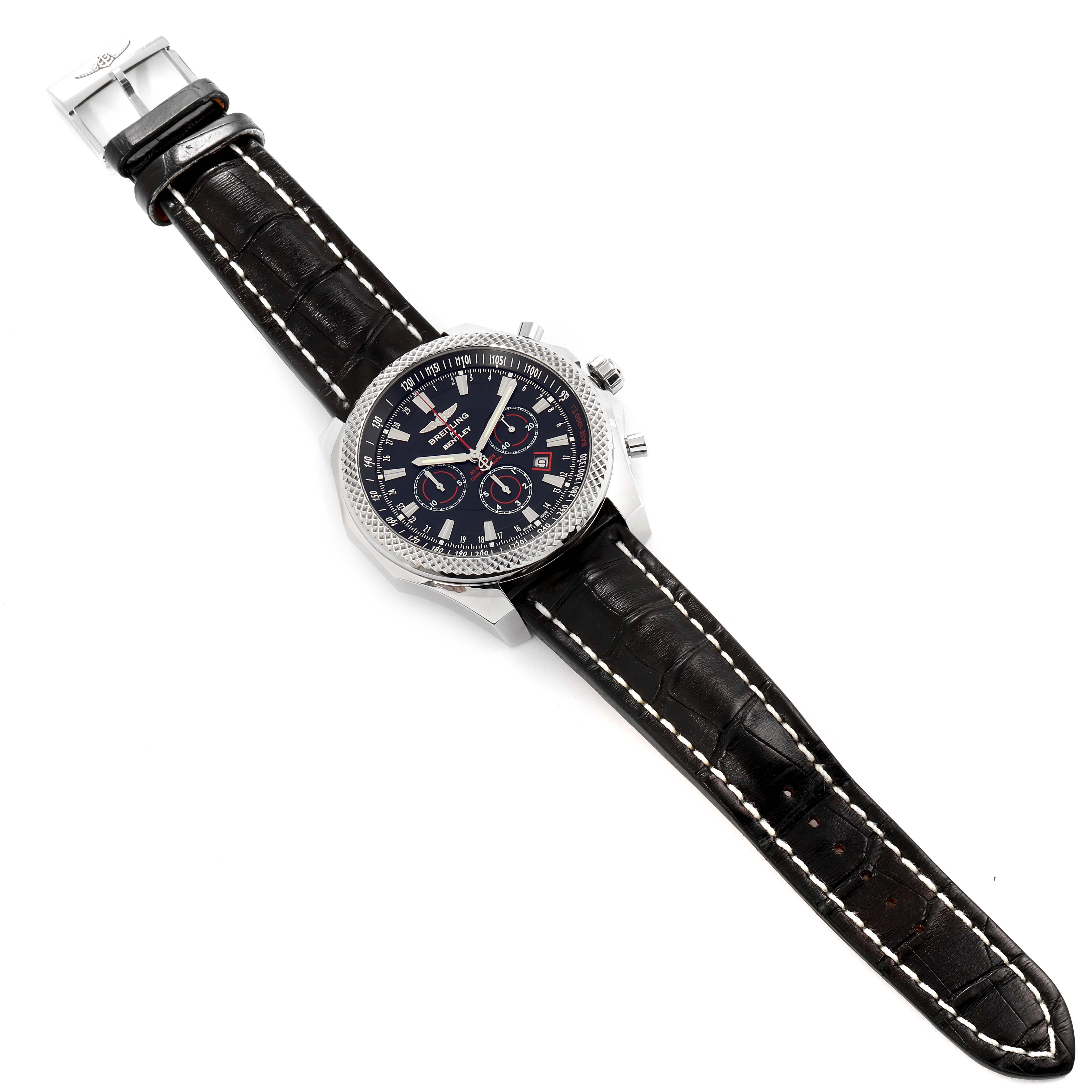 The image shows a Bentley model by Breitling at a slight angle, highlighting its dial, bezel, and leather strap.