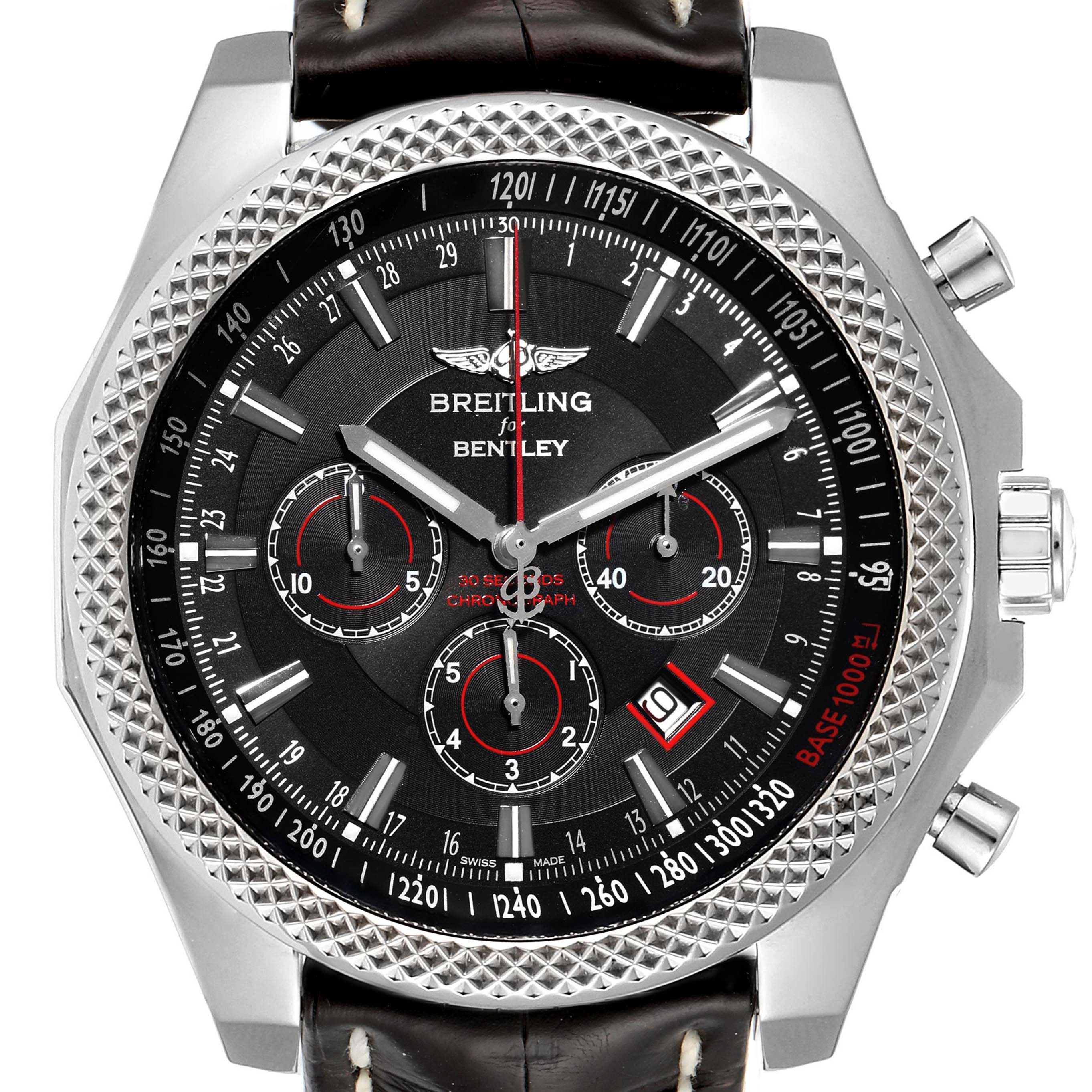 This image shows a Breitling Bentley A25362 Men's Stainless Steel Black Dial A25362 Men's Stainless Steel Black Dial watch's dial, bezel, and strap at a front angle.