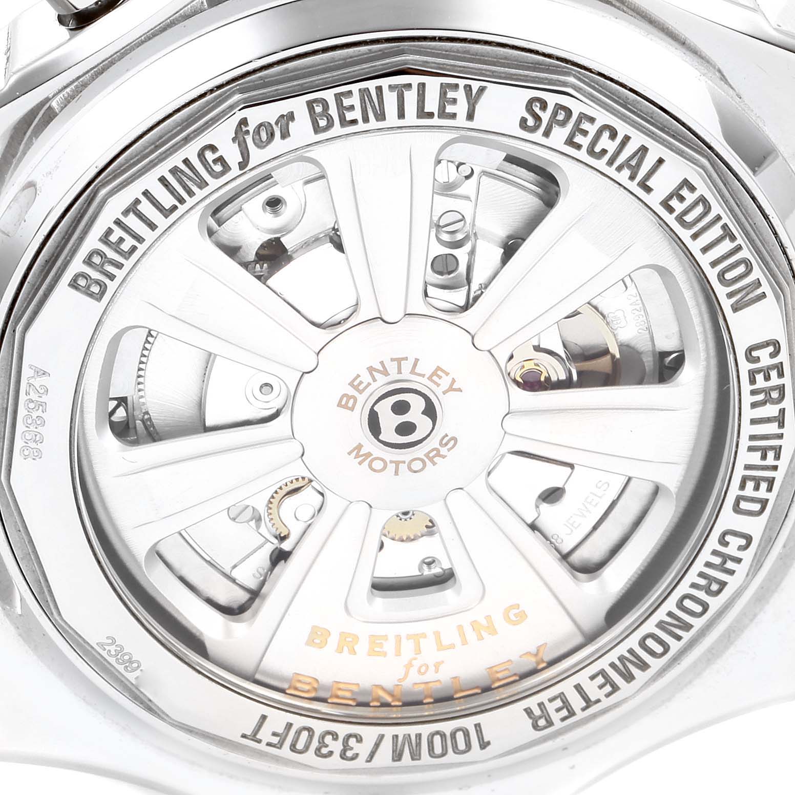 The image shows the back view of the Breitling for Bentley watch, highlighting its intricate mechanical components and special edition inscription.