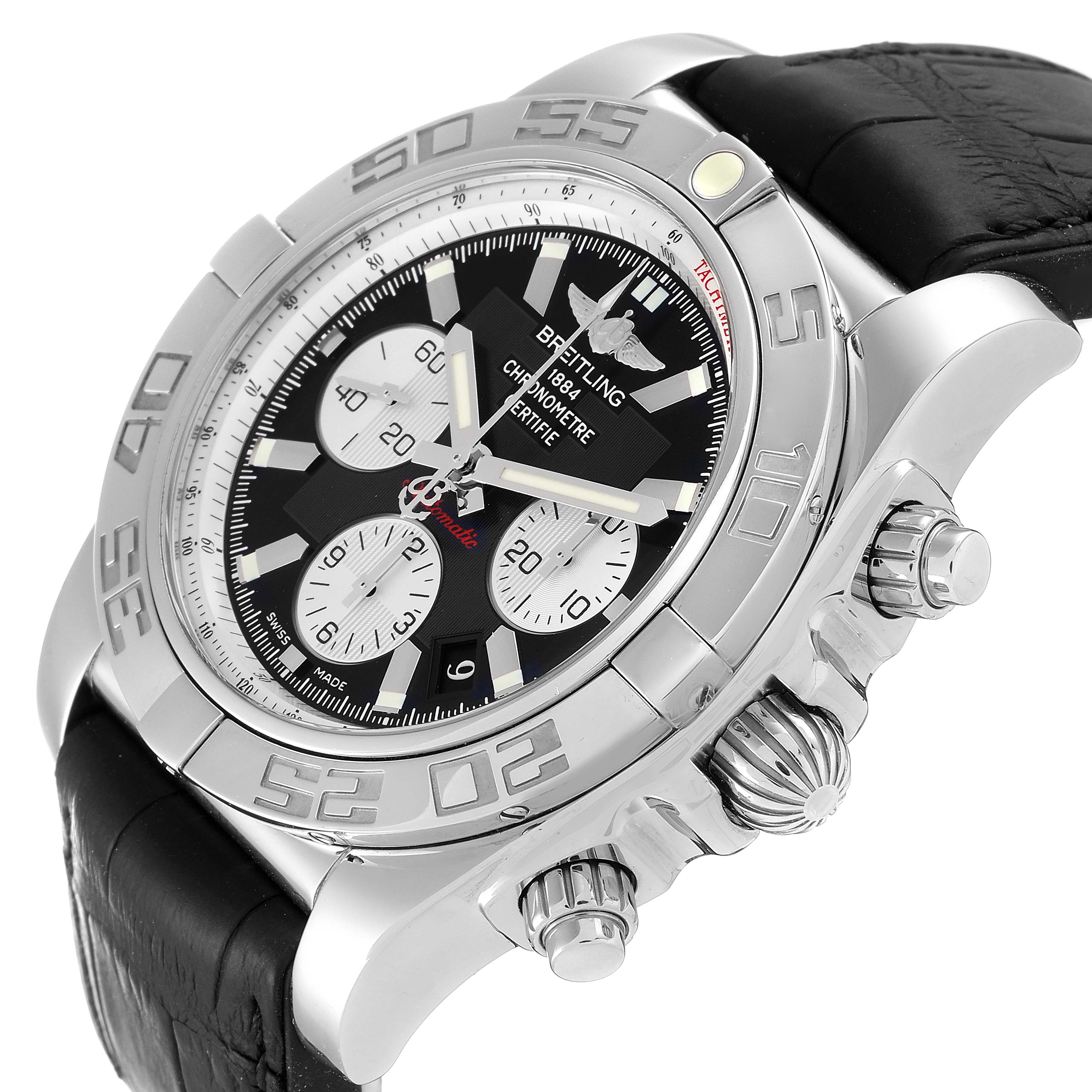 The Breitling Chronomat AB0110 Men's Stainless Steel Black Dial AB0110 Men's Stainless Steel Black Dial watch is shown at a slight angle, highlighting its bezel, dial, and right-side chronograph buttons.