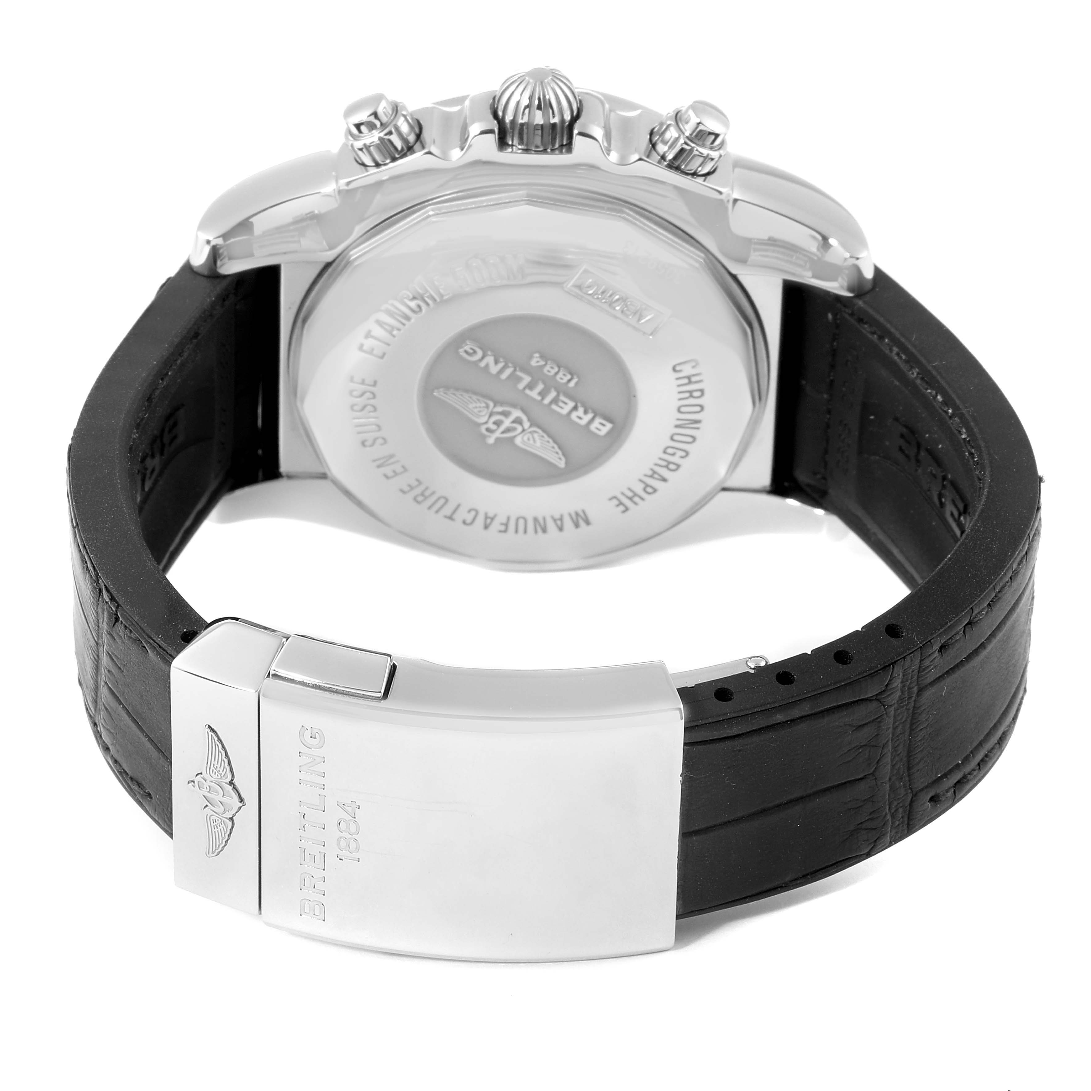 The image shows the back case, crown, and leather strap of a Breitling Chronomat AB0110 Men's Stainless Steel Black Dial AB0110 Men's Stainless Steel Black Dial watch.