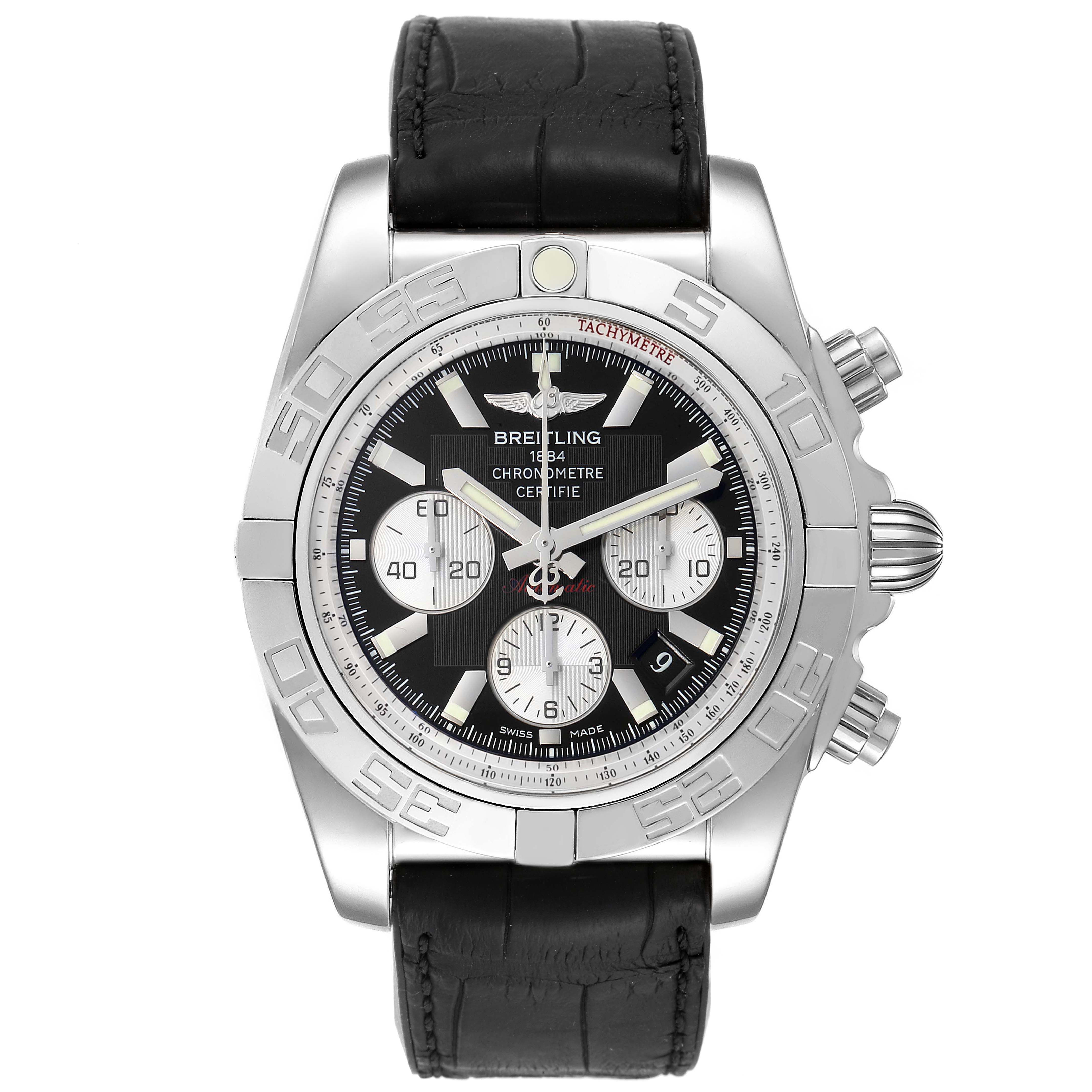The image shows a front view of a Breitling Chronomat AB0110 Men's Stainless Steel Black Dial AB0110 Men's Stainless Steel Black Dial watch with a black leather strap and chronograph sub-dials.