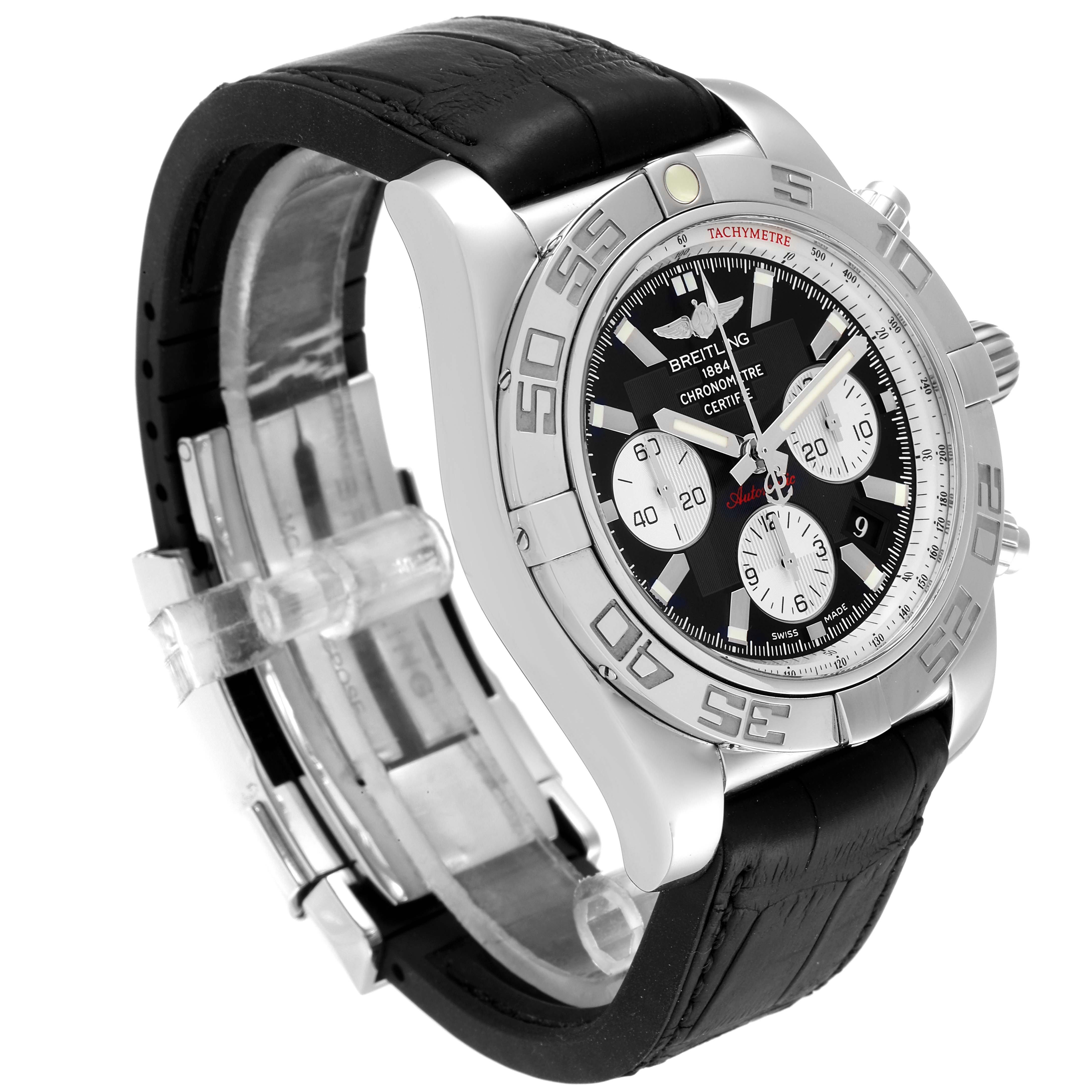The image shows a side and front angle of the Breitling Chronomat AB0110 Men's Stainless Steel Black Dial AB0110 Men's Stainless Steel Black Dial watch, highlighting its bezel, dial, and black leather strap.