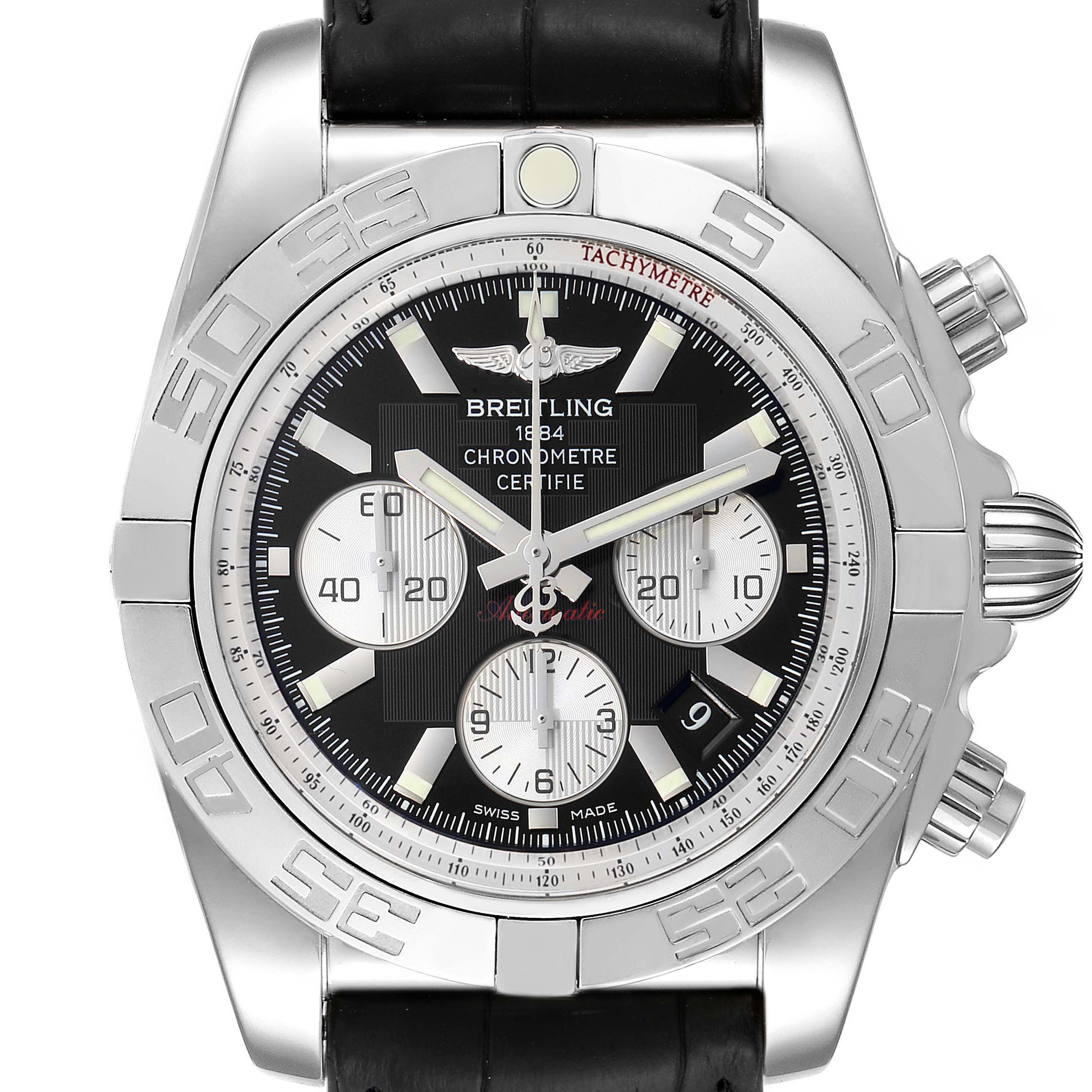 The Breitling Chronomat AB0110 Men's Stainless Steel Black Dial AB0110 Men's Stainless Steel Black Dial watch is shown from a front angle, displaying its face, bezel, and part of the strap.