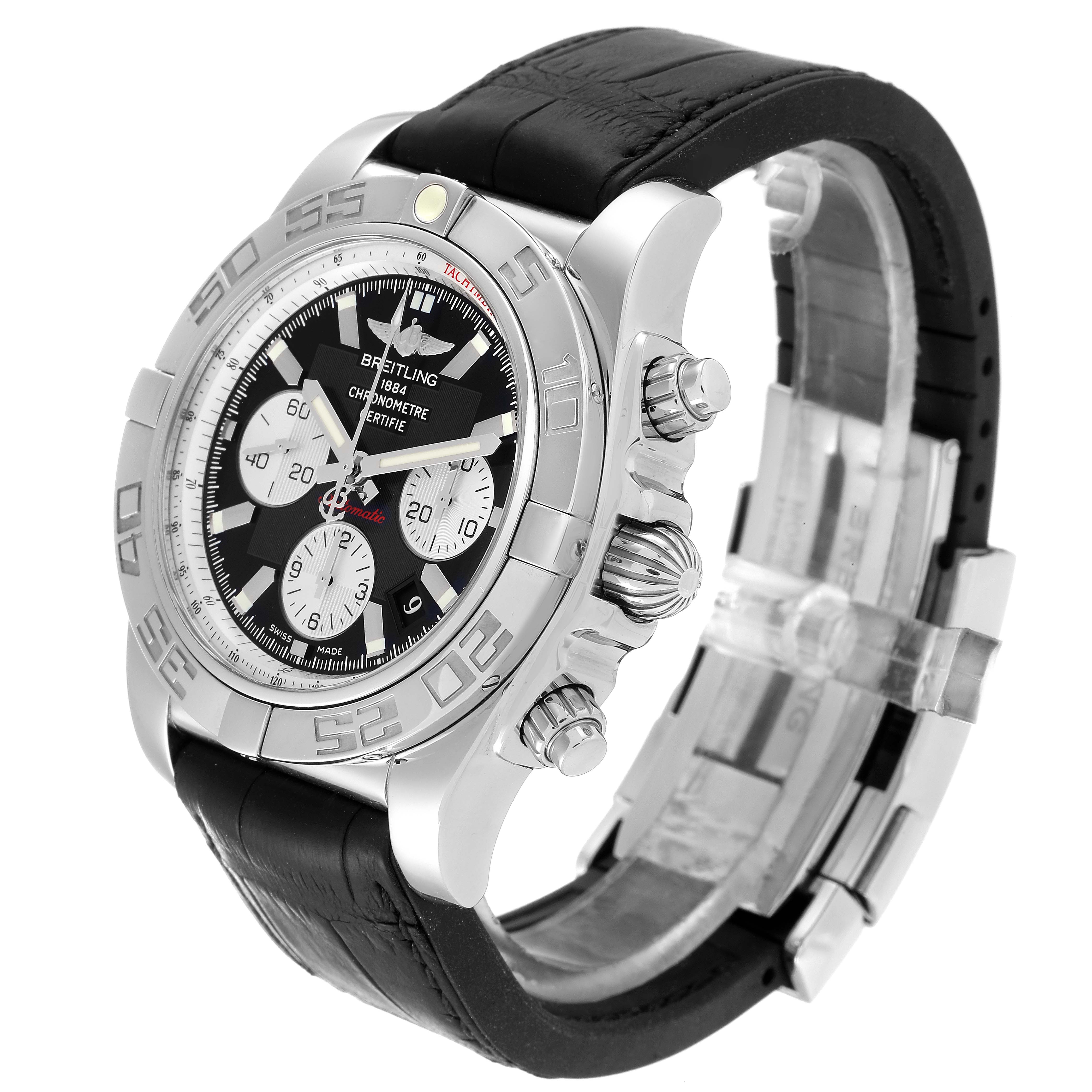 The Breitling Chronomat AB0110 Men's Stainless Steel Black Dial AB0110 Men's Stainless Steel Black Dial watch is shown at an angle highlighting the watch face, bezel, pushers, and crown, with a black leather strap.