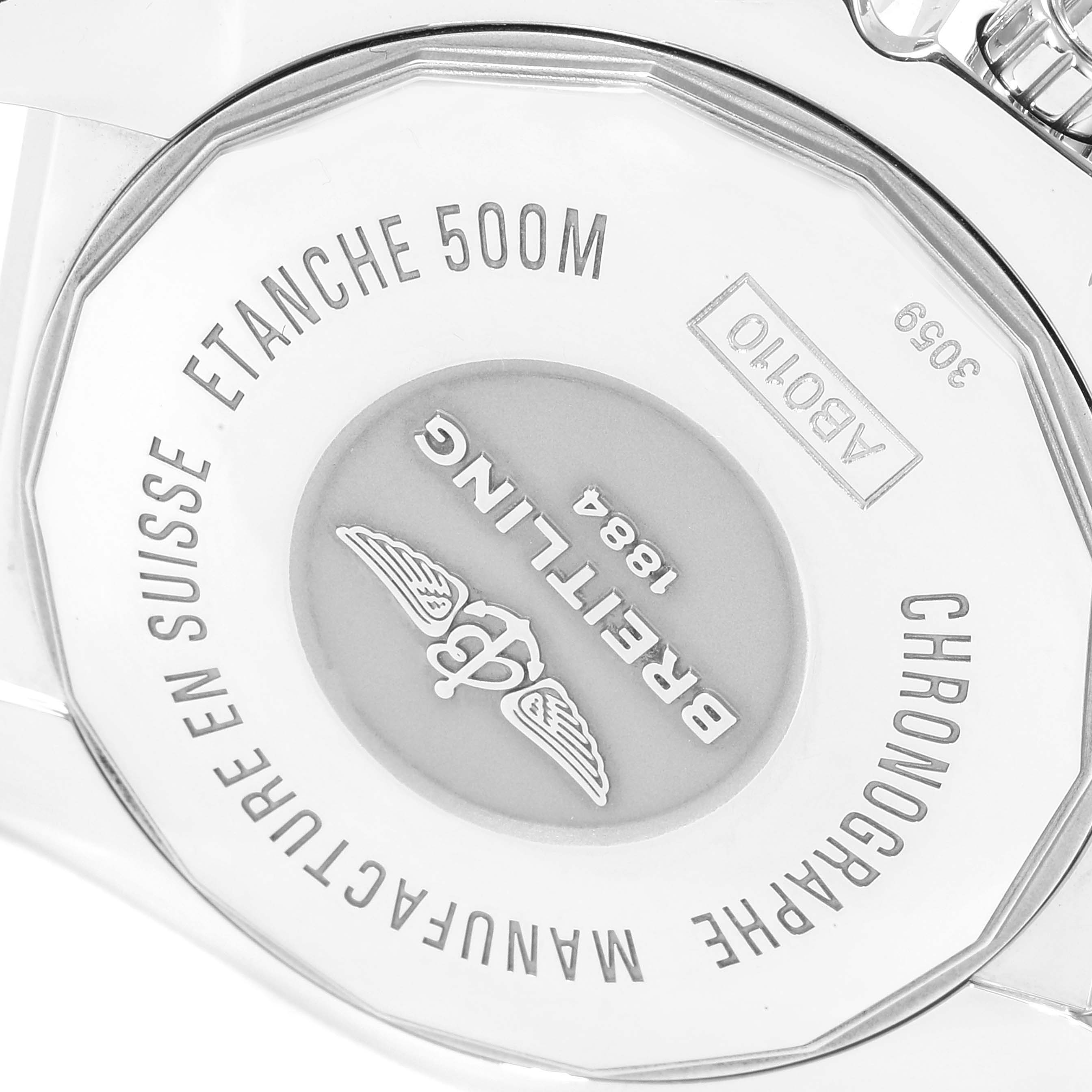 The image shows the back case of the Breitling Chronomat AB0110 Men's Stainless Steel Black Dial AB0110 Men's Stainless Steel Black Dial watch from a close-up angle.