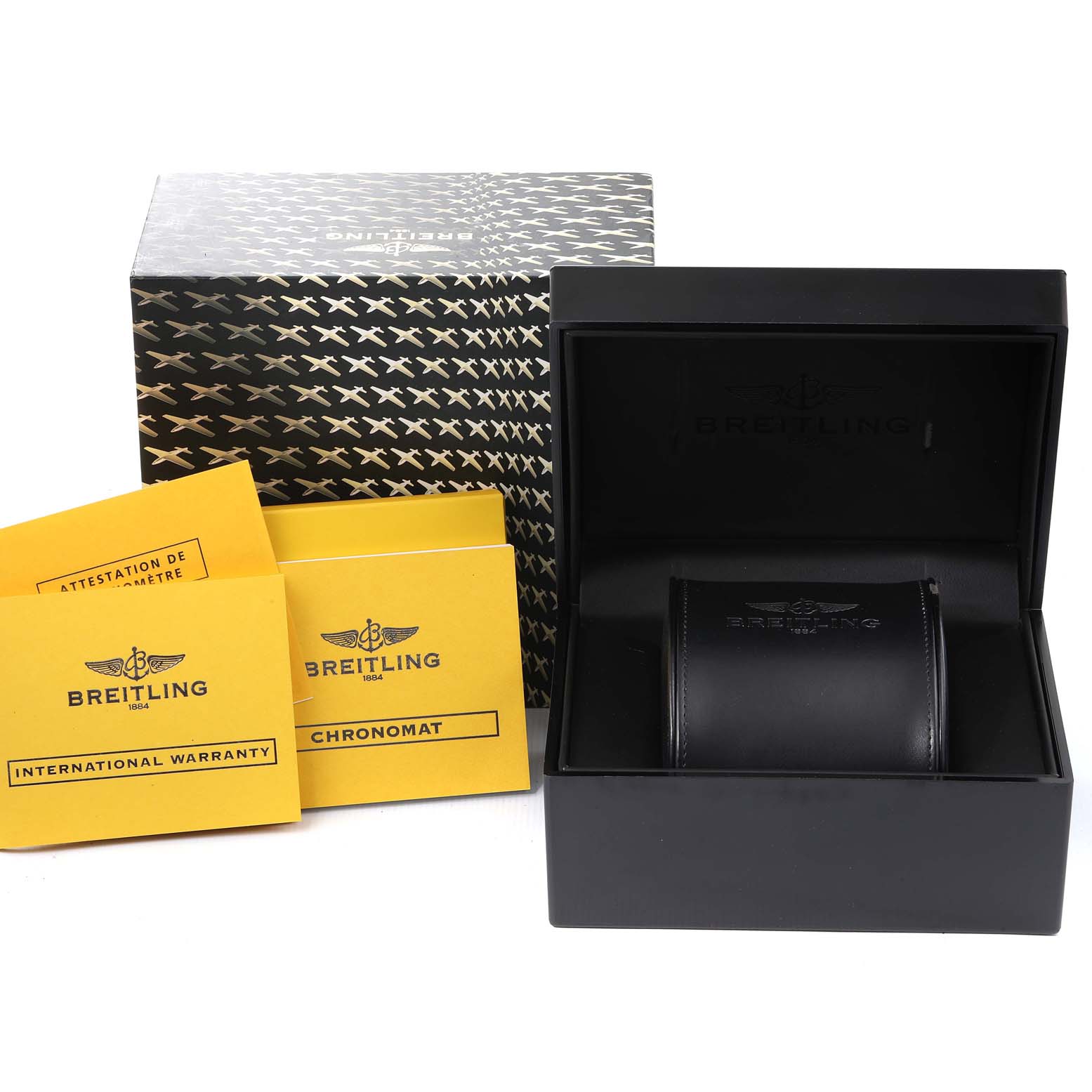 The image shows the Breitling Chronomat AB0110 Men's Stainless Steel Black Dial AB0110 Men's Stainless Steel Black Dial watch box, international warranty, and Chronomat documents from a frontal angle.