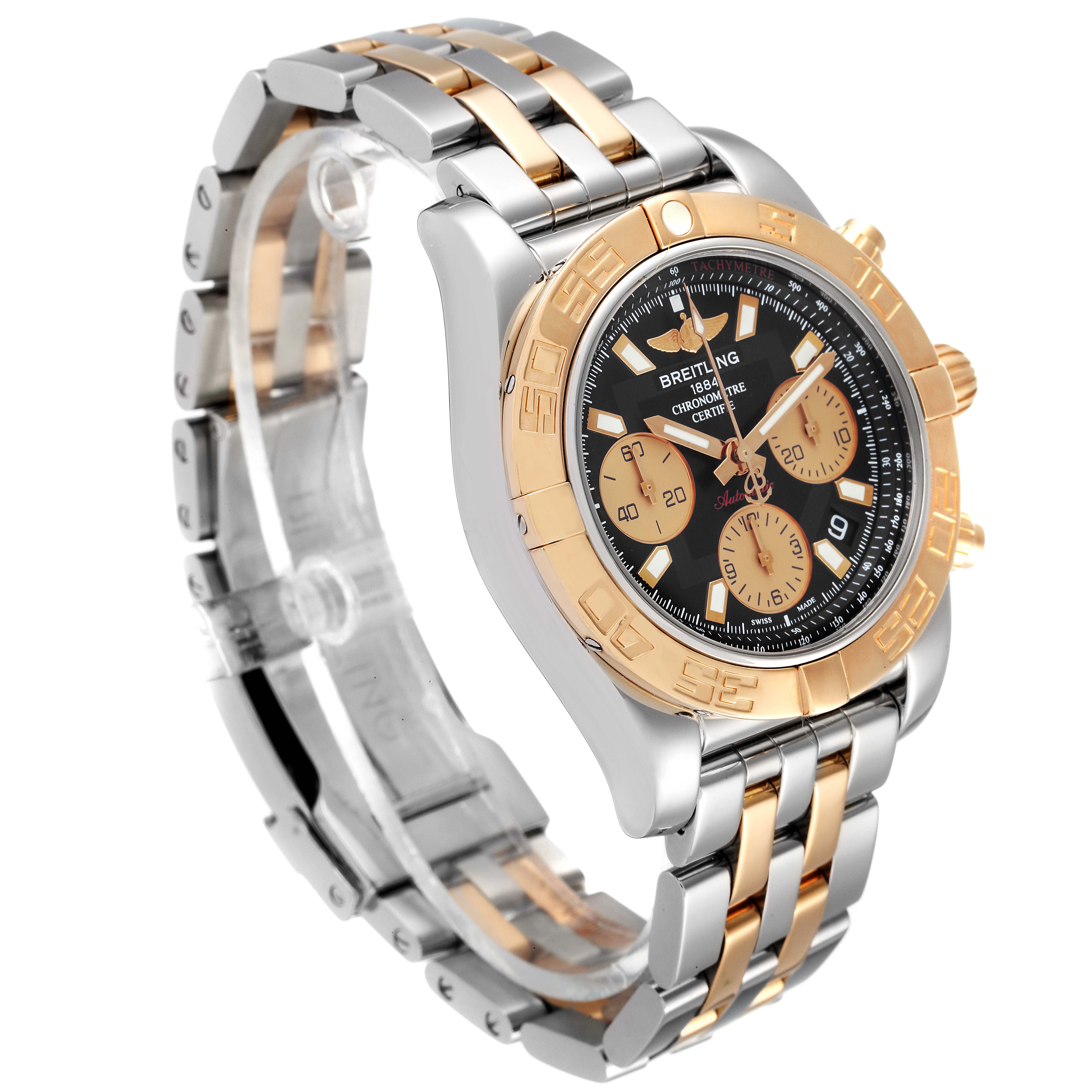 The Breitling Chronomat CB0140Y2/A743-378C Men's Steel and Gold (two tone) Black Dial CB0140Y2/A743-378C Men's Steel and Gold (two tone) Black Dial watch is shown from a three-quarter angle, highlighting its two-tone band, face, and bezel.
