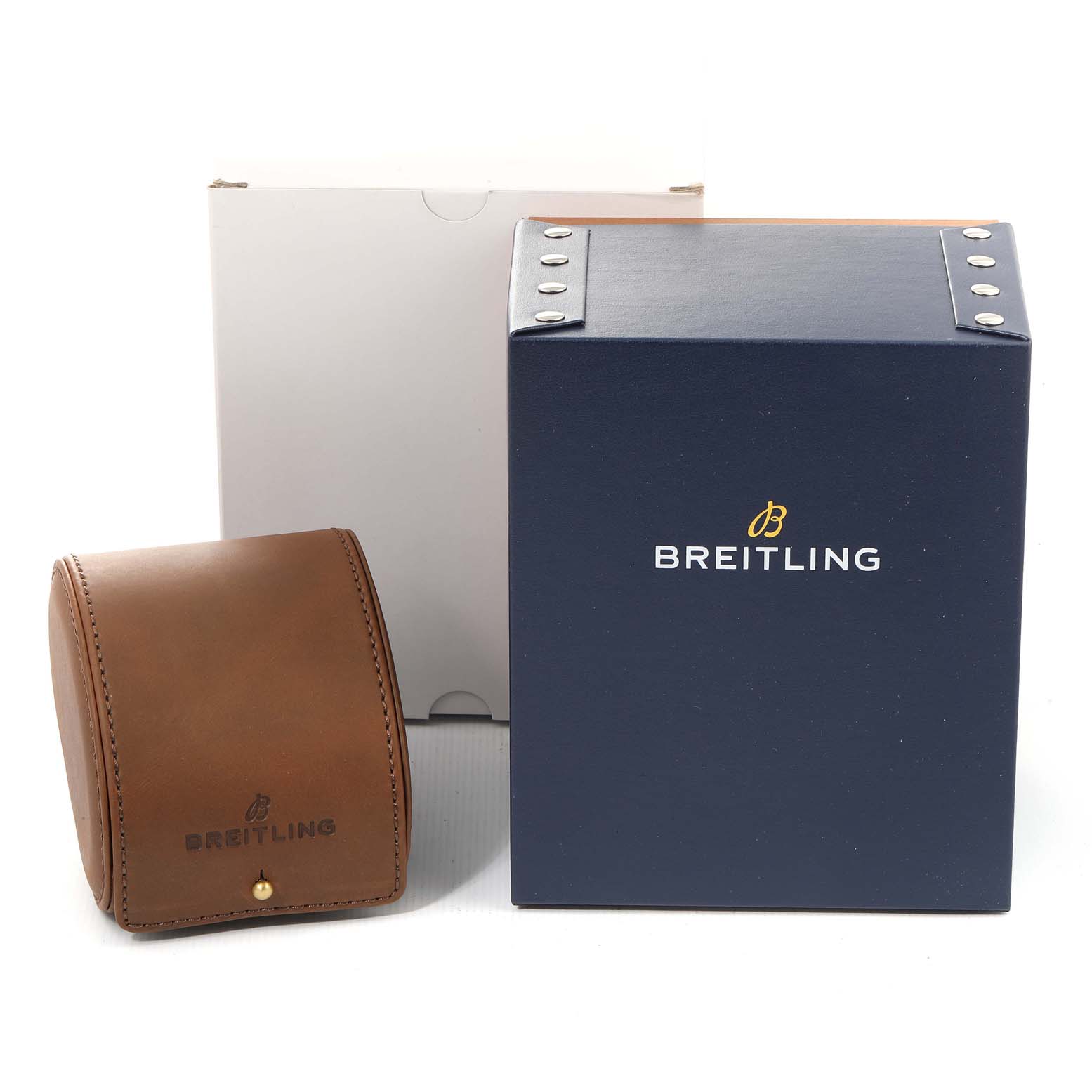 This image shows a Breitling Chronomat CB0140Y2/A743-378C Men's Steel and Gold (two tone) Black Dial CB0140Y2/A743-378C Men's Steel and Gold (two tone) Black Dial watch box set, including a white outer box, a navy inner box, and a brown leather travel case.