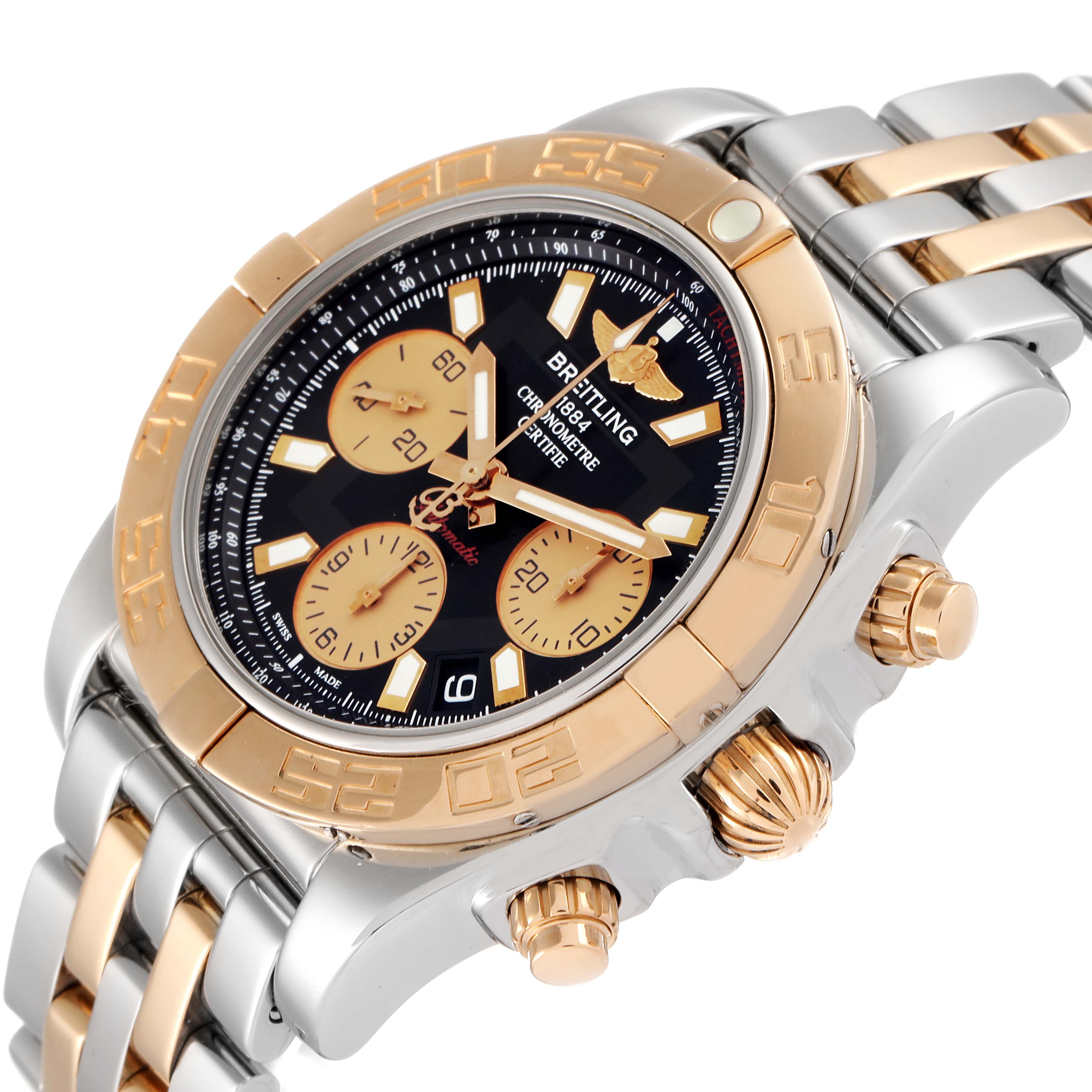 The image shows a Breitling Chronomat CB0140Y2/A743-378C Men's Steel and Gold (two tone) Black Dial CB0140Y2/A743-378C Men's Steel and Gold (two tone) Black Dial watch at a slight angle, highlighting its face, bezel, and crown with pushers.