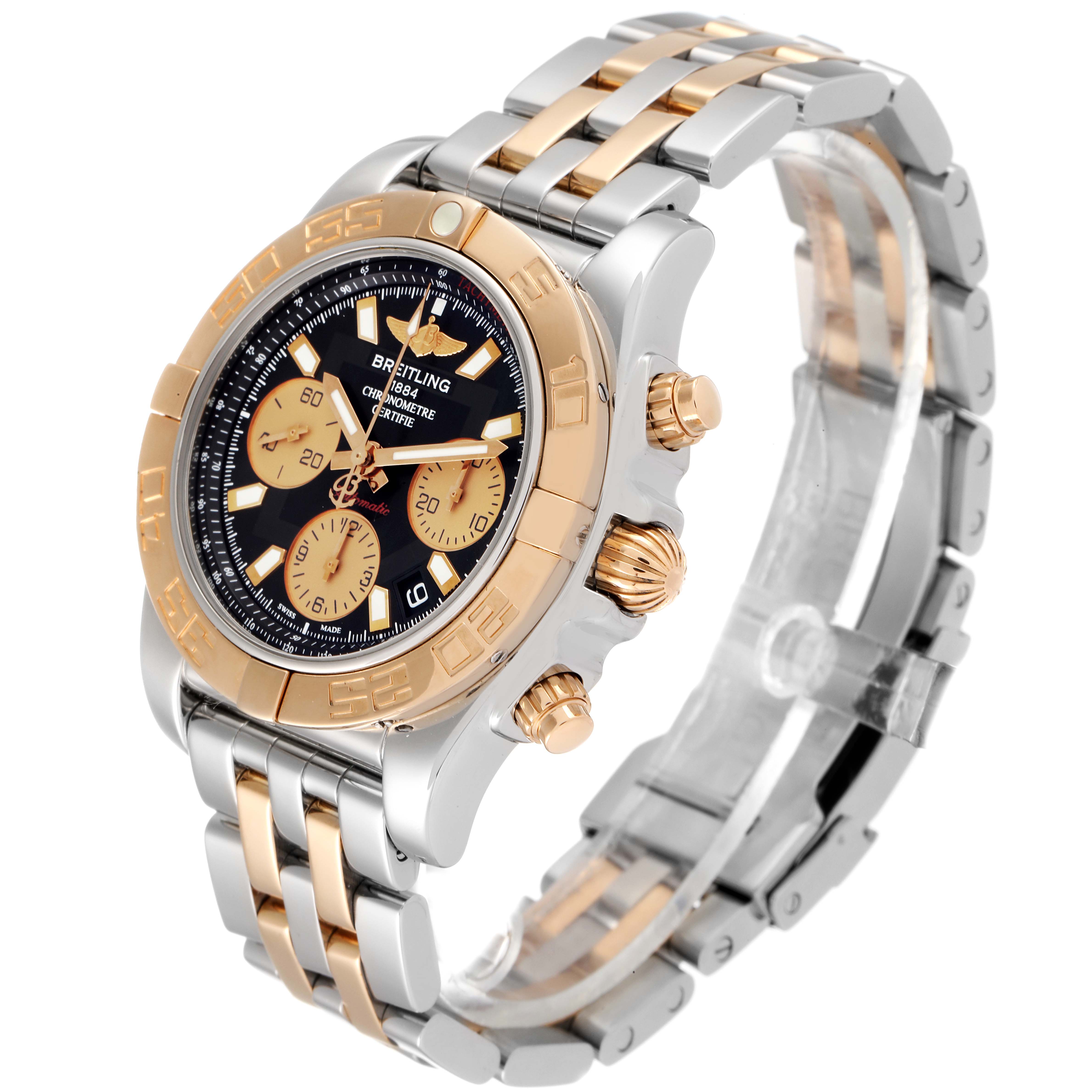 The Breitling Chronomat CB0140Y2/A743-378C Men's Steel and Gold (two tone) Black Dial CB0140Y2/A743-378C Men's Steel and Gold (two tone) Black Dial watch is shown at a three-quarter angle, displaying the face, bezel, and bracelet.