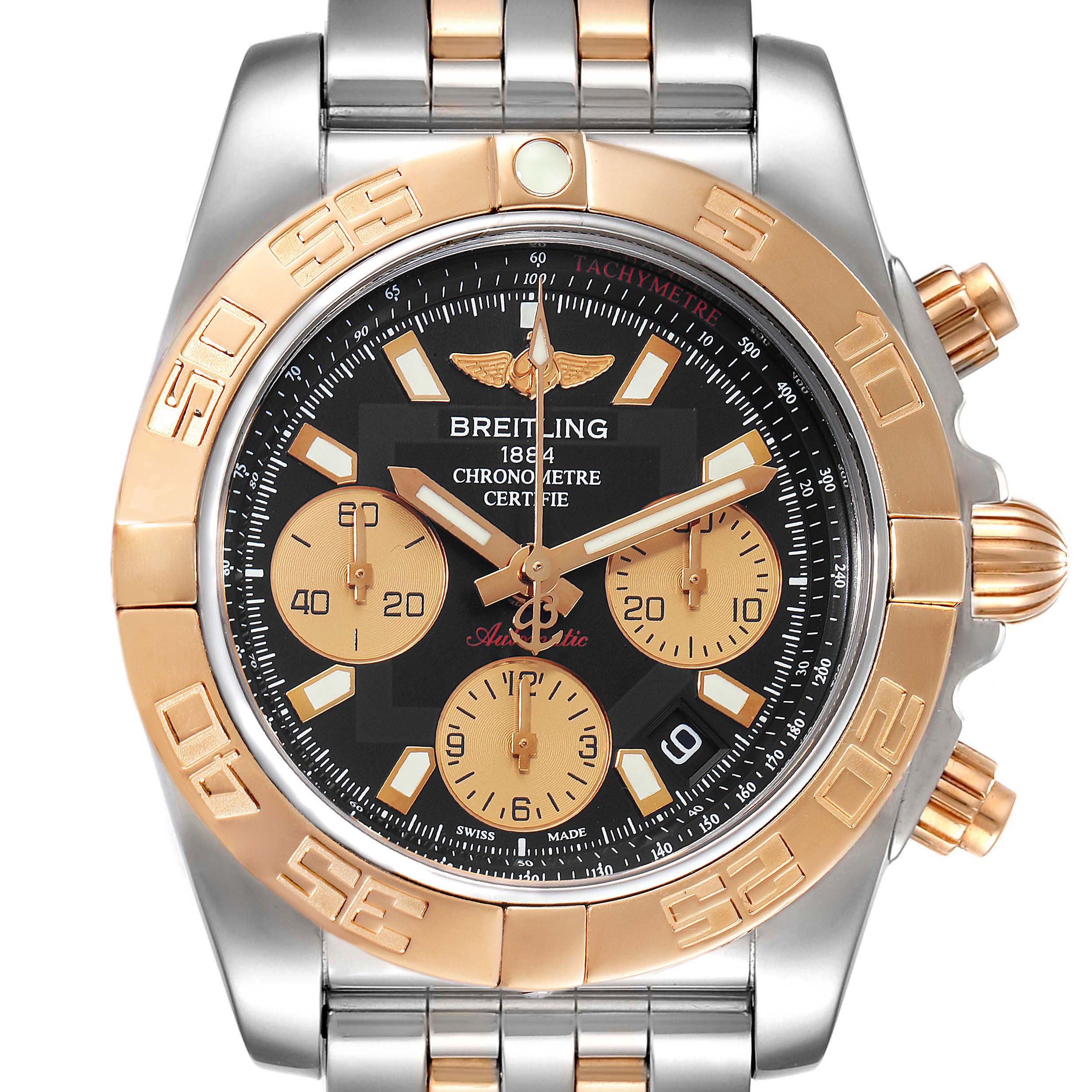 The image shows a frontal view of the Breitling Chronomat CB0140Y2/A743-378C Men's Steel and Gold (two tone) Black Dial CB0140Y2/A743-378C Men's Steel and Gold (two tone) Black Dial watch, highlighting its dial, chronograph subdials, and mixed metal bracelet.