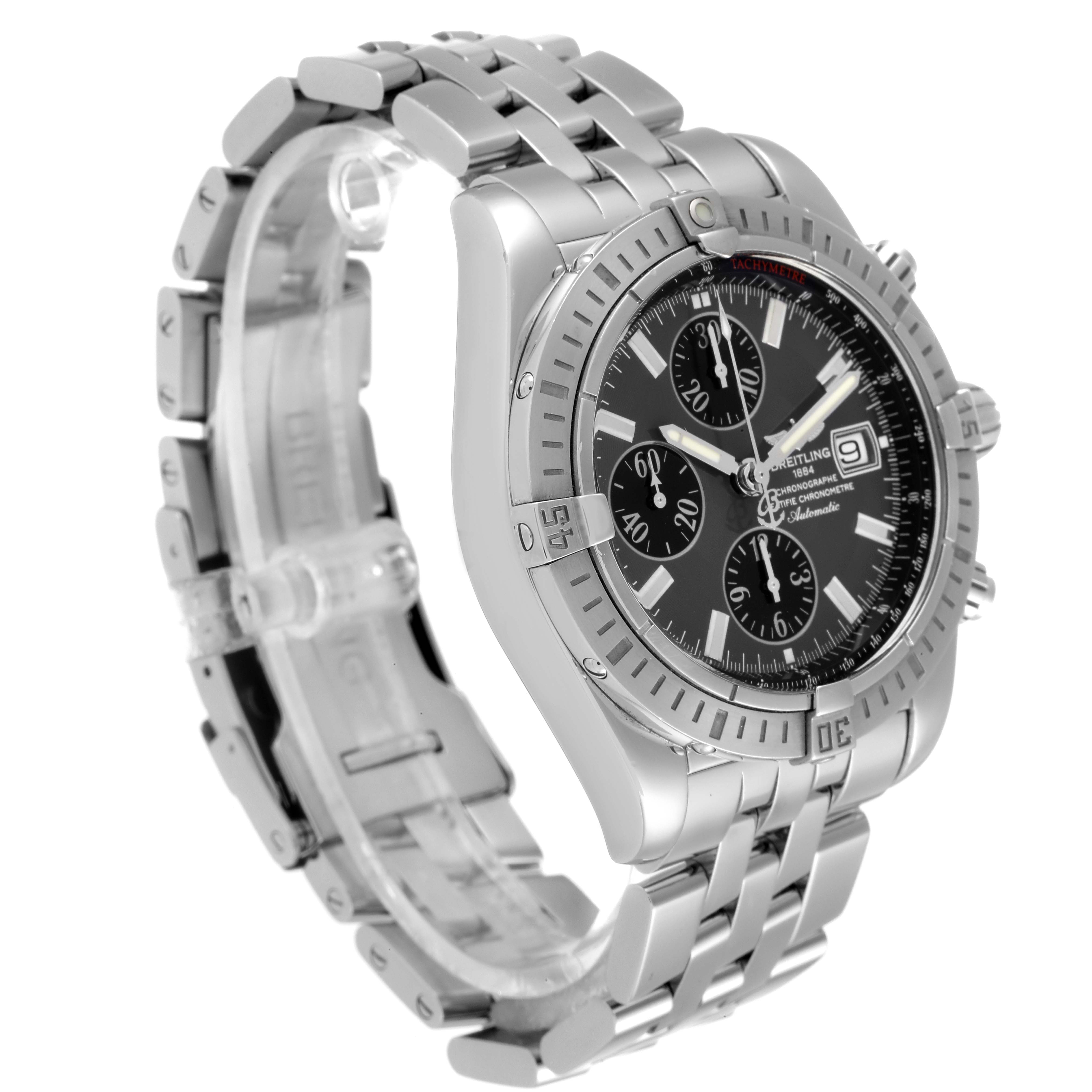 The Breitling Chronomat A13356 Men's Stainless Steel Grey Dial A13356 Men's Stainless Steel Grey Dial watch is shown from an angled side view highlighting the case, dial, and stainless steel bracelet.