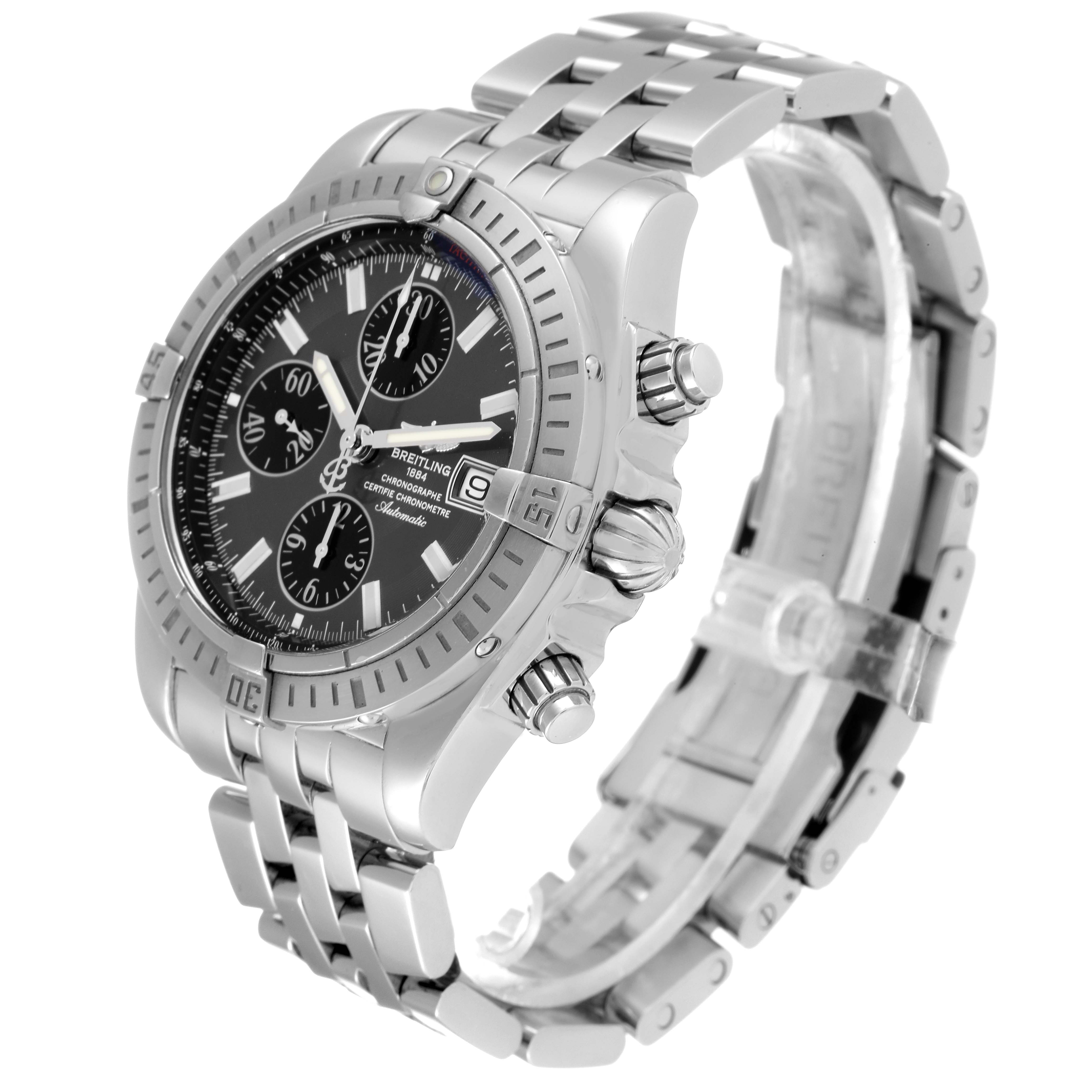 The Breitling Chronomat A13356 Men's Stainless Steel Grey Dial A13356 Men's Stainless Steel Grey Dial watch is shown at a three-quarter angle, highlighting its dial, bezel, crown, pushers, and bracelet.