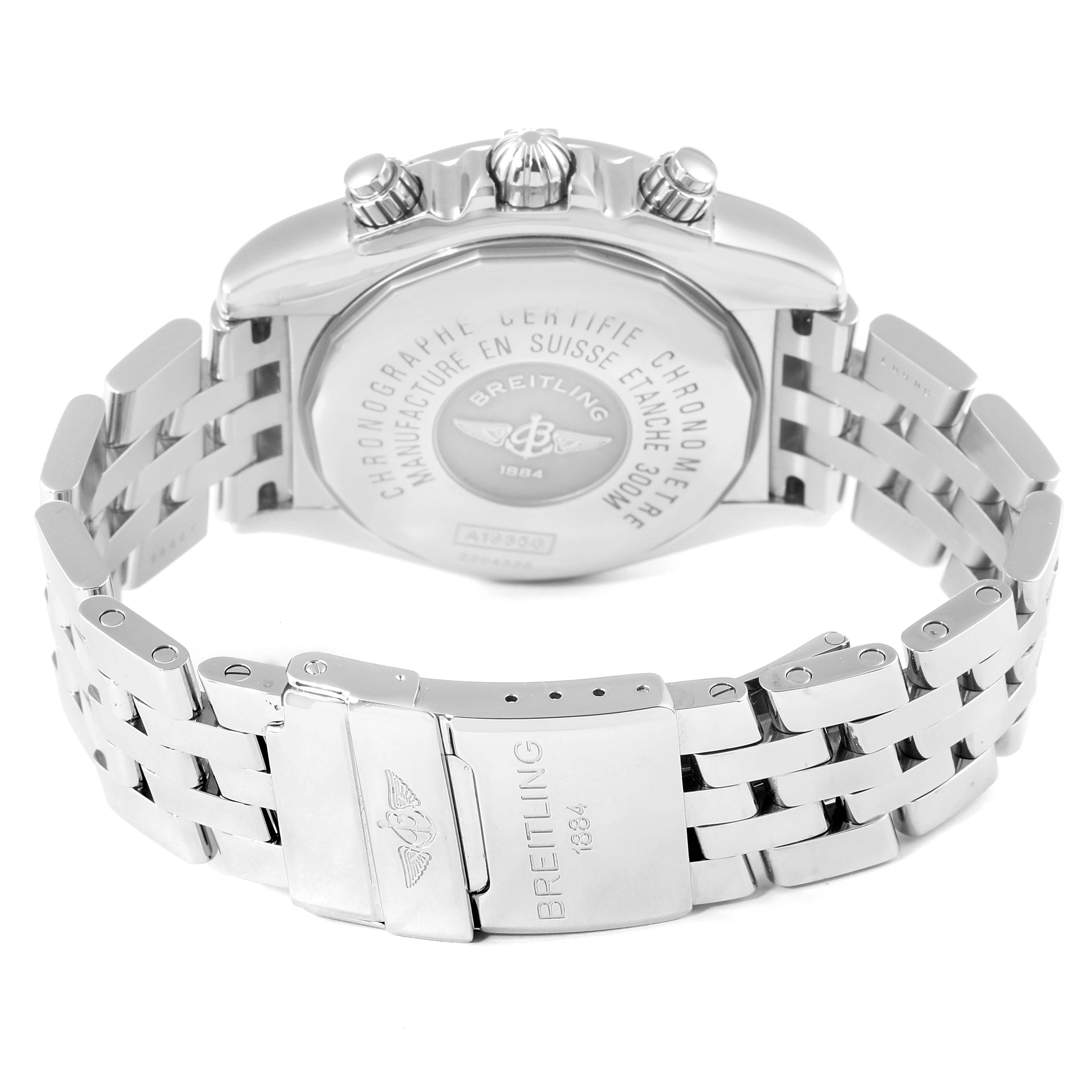 This image shows the back view of the Breitling Chronomat A13356 Men's Stainless Steel Grey Dial A13356 Men's Stainless Steel Grey Dial watch, highlighting the bracelet, clasp, and case back with engravings.